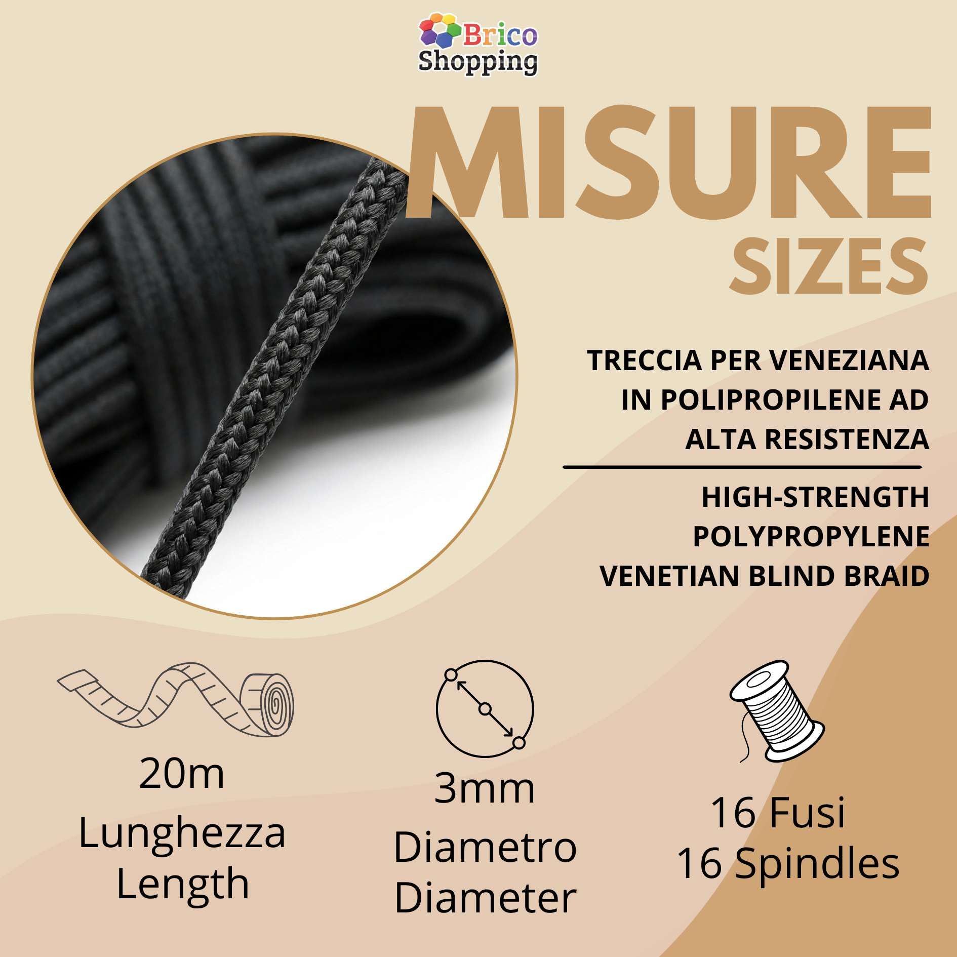 BricoShopping Corda per Tende Veneziane 3mm 20mt Resistente Anti UV Multiuso Cordino Ideale per Binario Tenda Bricolage Treccia Nautica Giardinaggio Campeggio Scooby-Doo Merceria Scubidu (Nera)