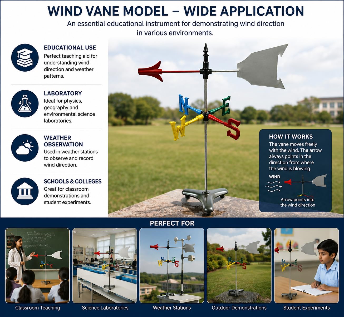 WKM Wind Vane Model for Wind Direction Demonstration | Metal Weather Vane with Direction Indicator (N-E-S-W) | Educational Science Laboratory Equipment | Physics & Geography Teaching Aid 1