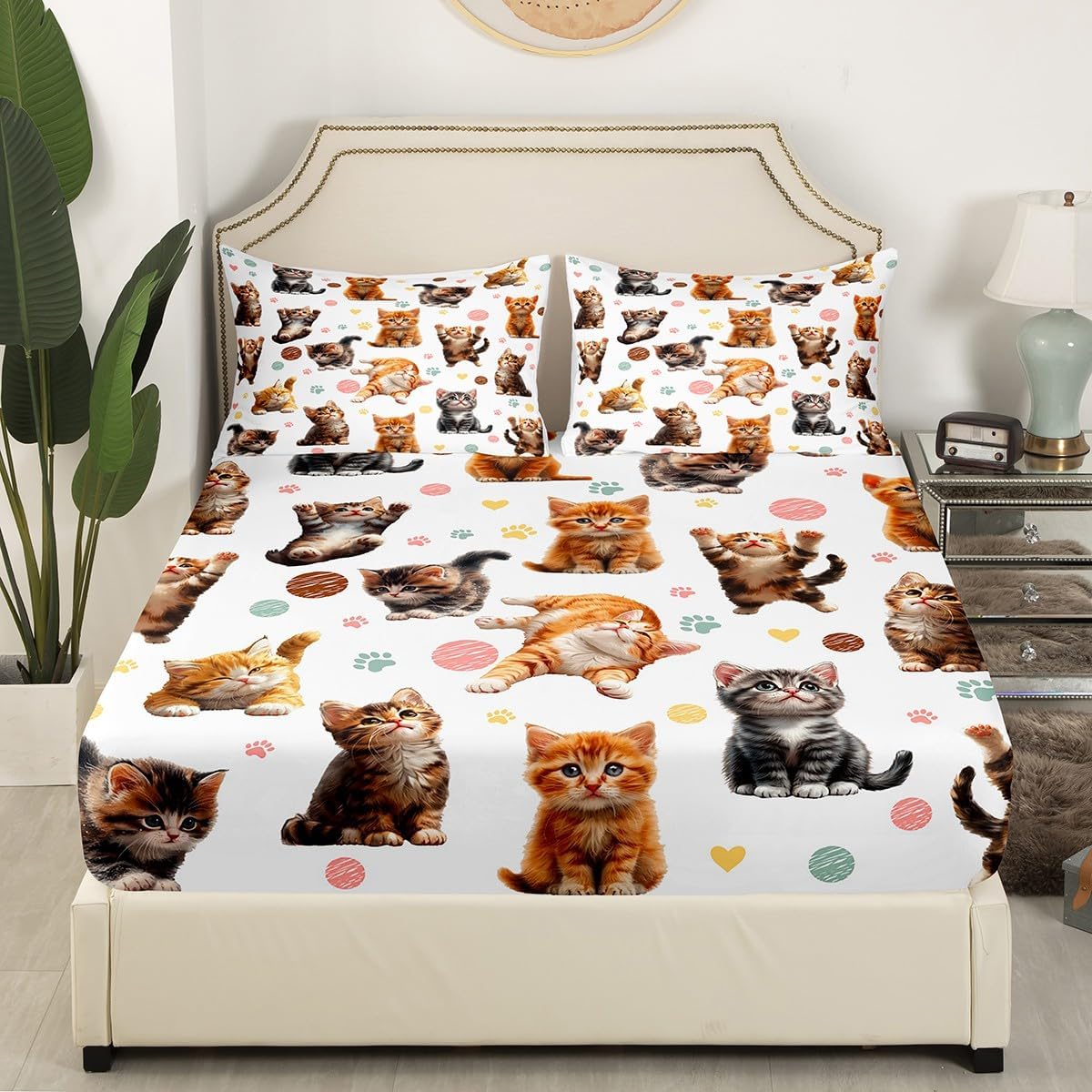 Cute Cats Kids Fitted Sheet Full Size,Cartoon Pet Animal Paws Toddler Bedding Set,Girls Boys Room Decor,Love Heart Princess Kawaii Orange White Chic Bed Sheet,2 Pillowcases(No Flat)