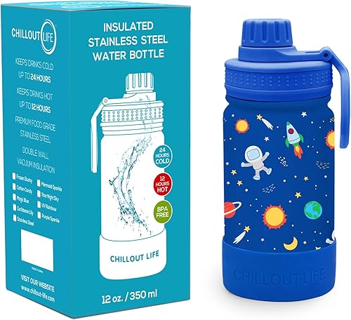 Miniatura 2 de CHILLOUT LIFE Botella de agua aislada para niños de 12 onzas para la escuela con tapa de boquilla a prueba de fugas y lindas calcomanías