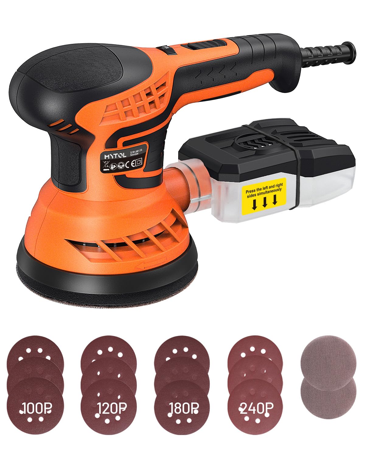 MYTOL 350W Levigatrice orbitale,7 velocità variabili,14 pezzi di carta vetrata(2 vetrata senza polvere)e raccoglitore di polvere,6000-13000U/min,125MM Levigatrice per Legno per la levigatura del legno