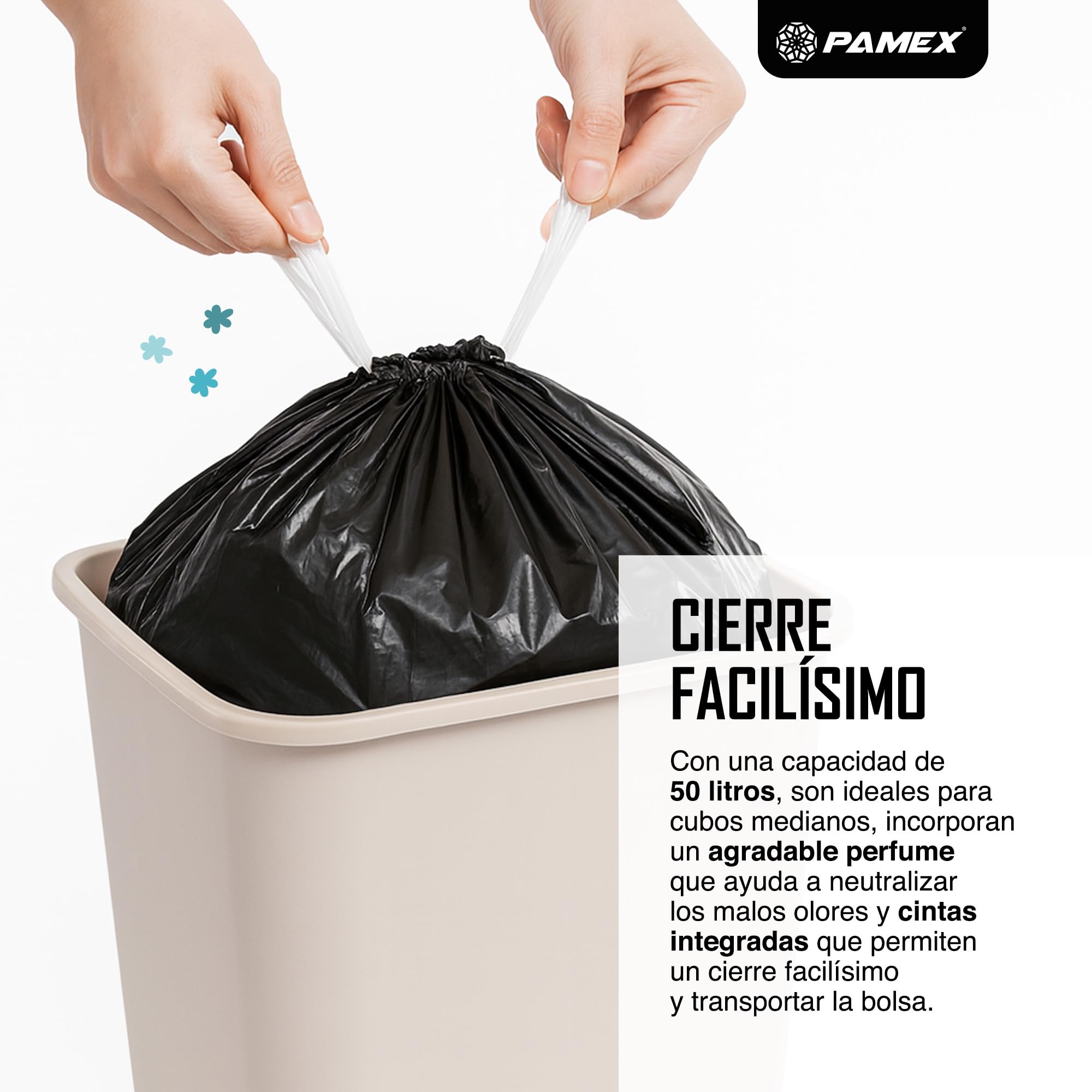 Pamex - Bolsa Basura 50L 70x75cm Cierre Fácil Para Papeleras Basuras Desechos Rollo 10 Bolsas (28)