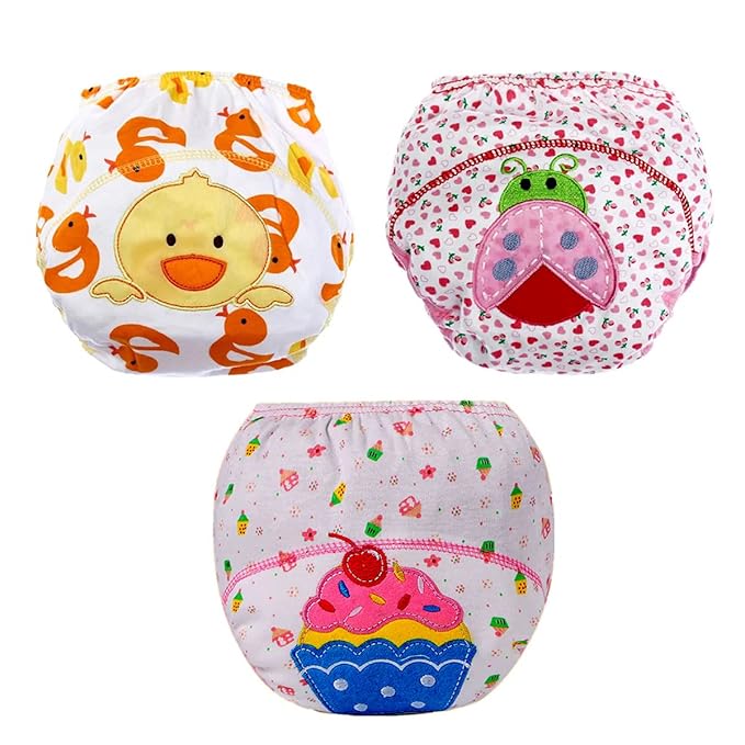 Baby Bucket Baby Boys and Girls Breathable Soft Cotton Cartoon Embroidered Reusable Diapers, 12-18 Months (Hard Print) - Set of 3