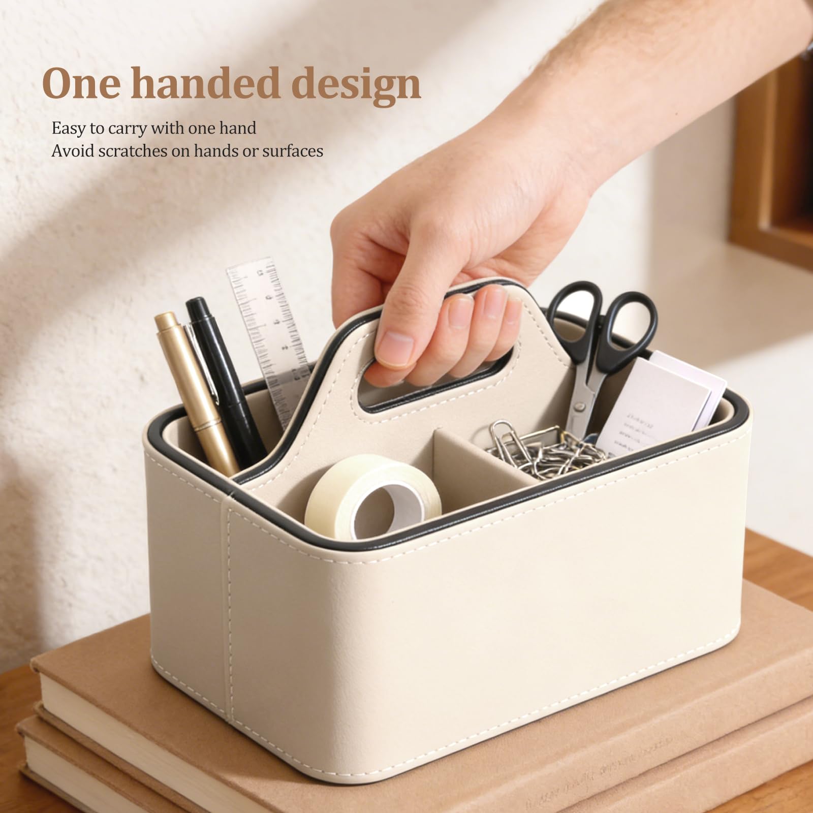 Organizador de mesita de noche con asa, 3 compartimentos de piel sintética, soporte para mando a distancia, organizador de brochas de maquillaje portátil para oficina, escuela, hogar, mesita de