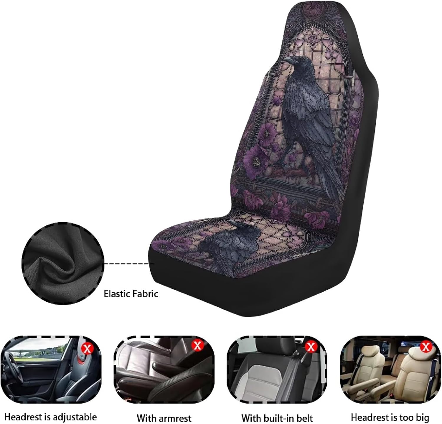 Raven Crow Flower Stained Glass Print Car Seat Covers, 2 Pieces Washable Vehicles Front Seat Protectors, Scratch-Resistant Bucket Seat Cover Fits Most Vehicles, Sedans, Trucks, SUVs, Vans