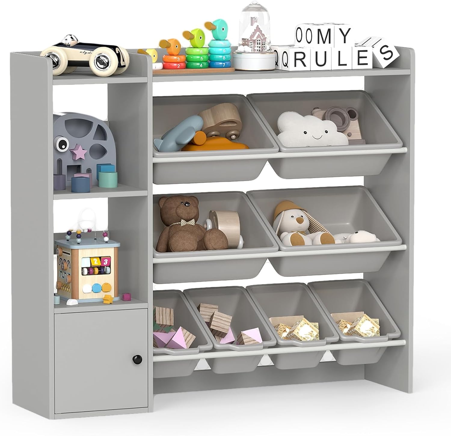 HONEY JOY Kids Toy Storage Organizer, 44" L Wooden Bookcase Cabinet w/ 8 Removable Bins, Open Shelves, Kids Display Bookshelf for Bedroom, Playroom, Classroom & Nursery (Gray)