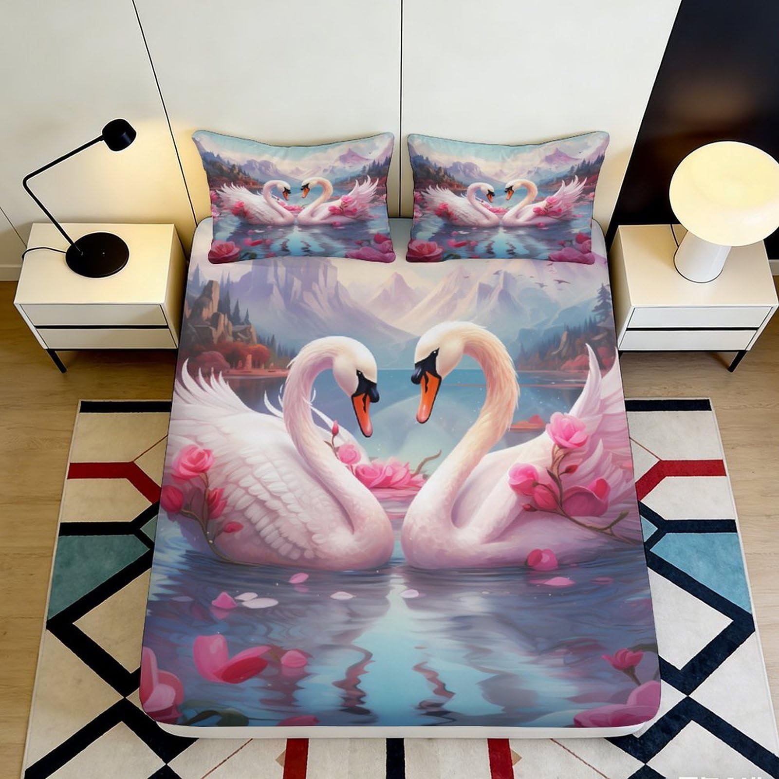 3D Printed Swan Lake Fitted Sheet Microfiber Soft Pink Romantic Birds Mattress Cover for Bedroom Guest Room Decor 90x200x25cm