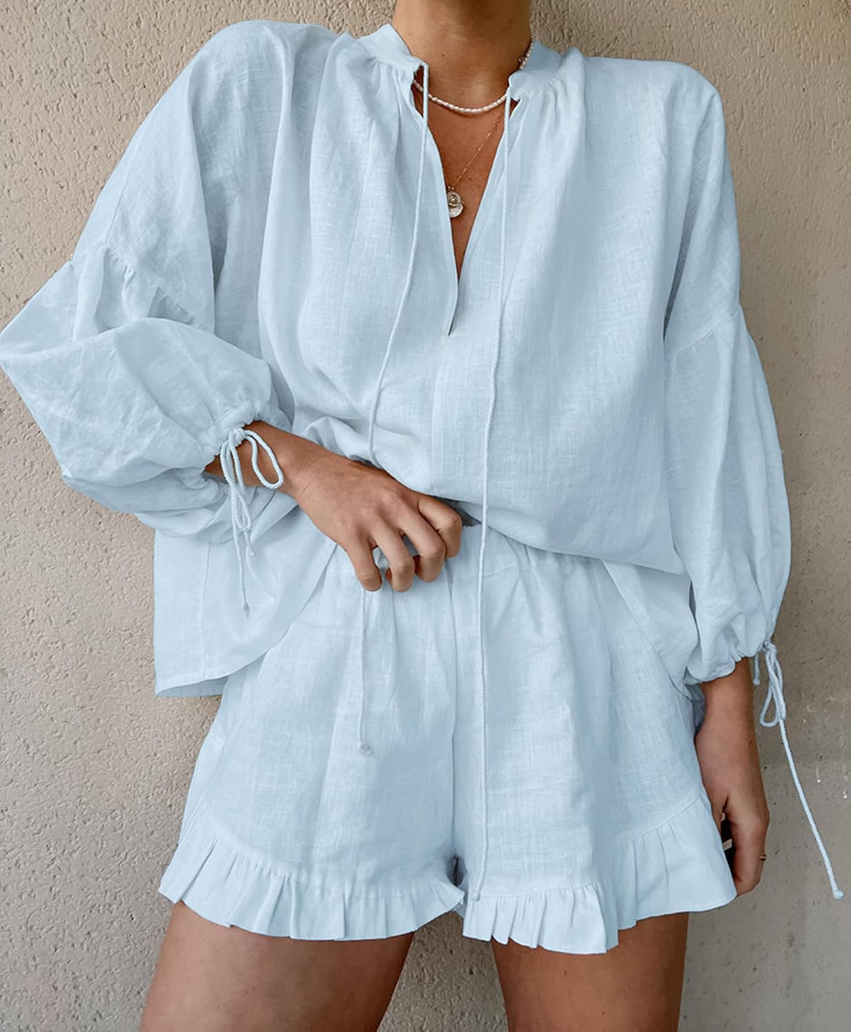 Mxiqqpltky Linen Shorts Sets Women 2 Piece Outfits Long Sleeve Tie Front Tops and Ruffled Boxer Shorts Matching Lounge Sets - Image 6