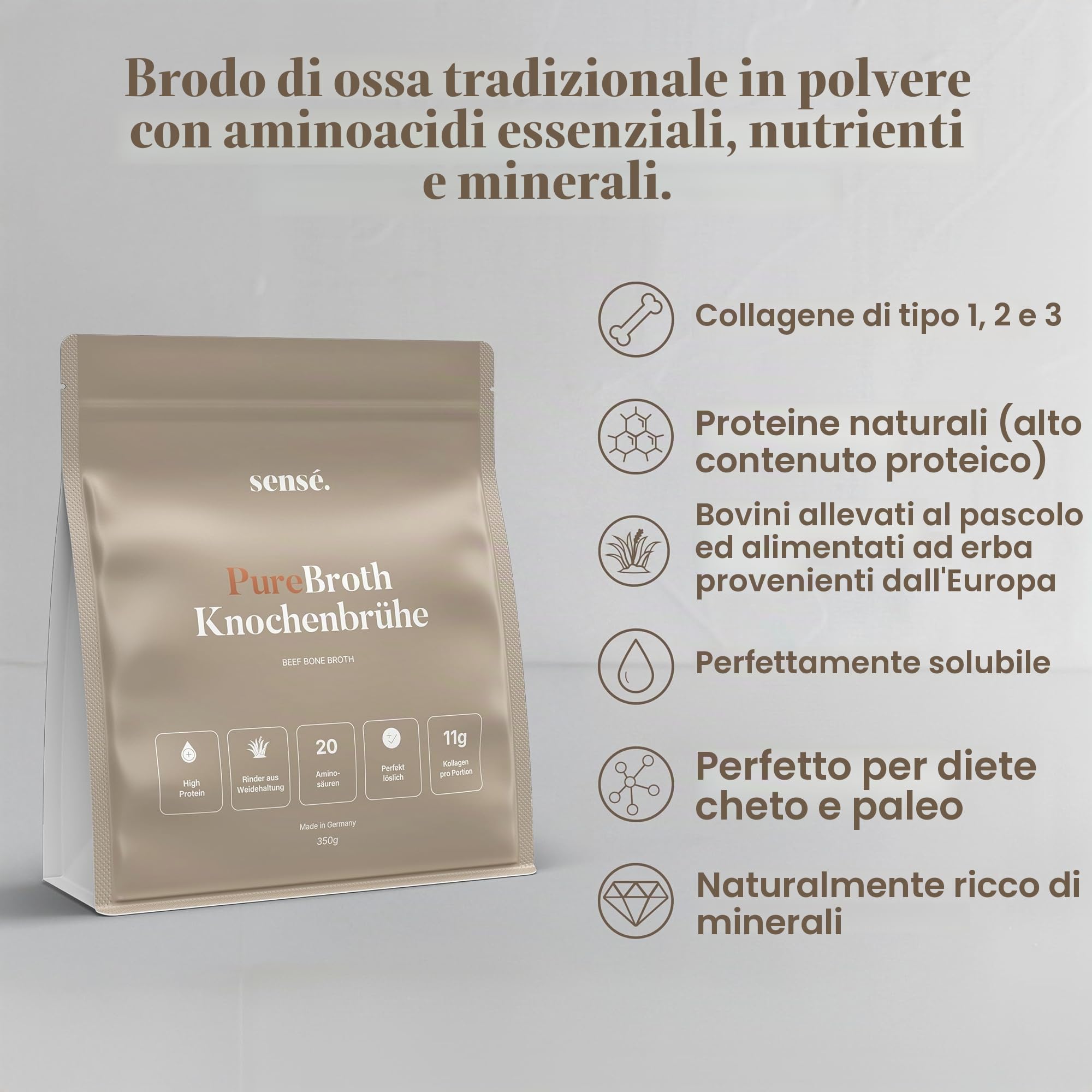 Brodo osseo in polvere di salice, dalla Germania, bioattivo, 350 g, collagene tipo 1,2 e 3 | Supporta articolazioni, intestini e pelle | alto contenuto proteico | Leaky Gut, Keto, Paleo | senza sale |
