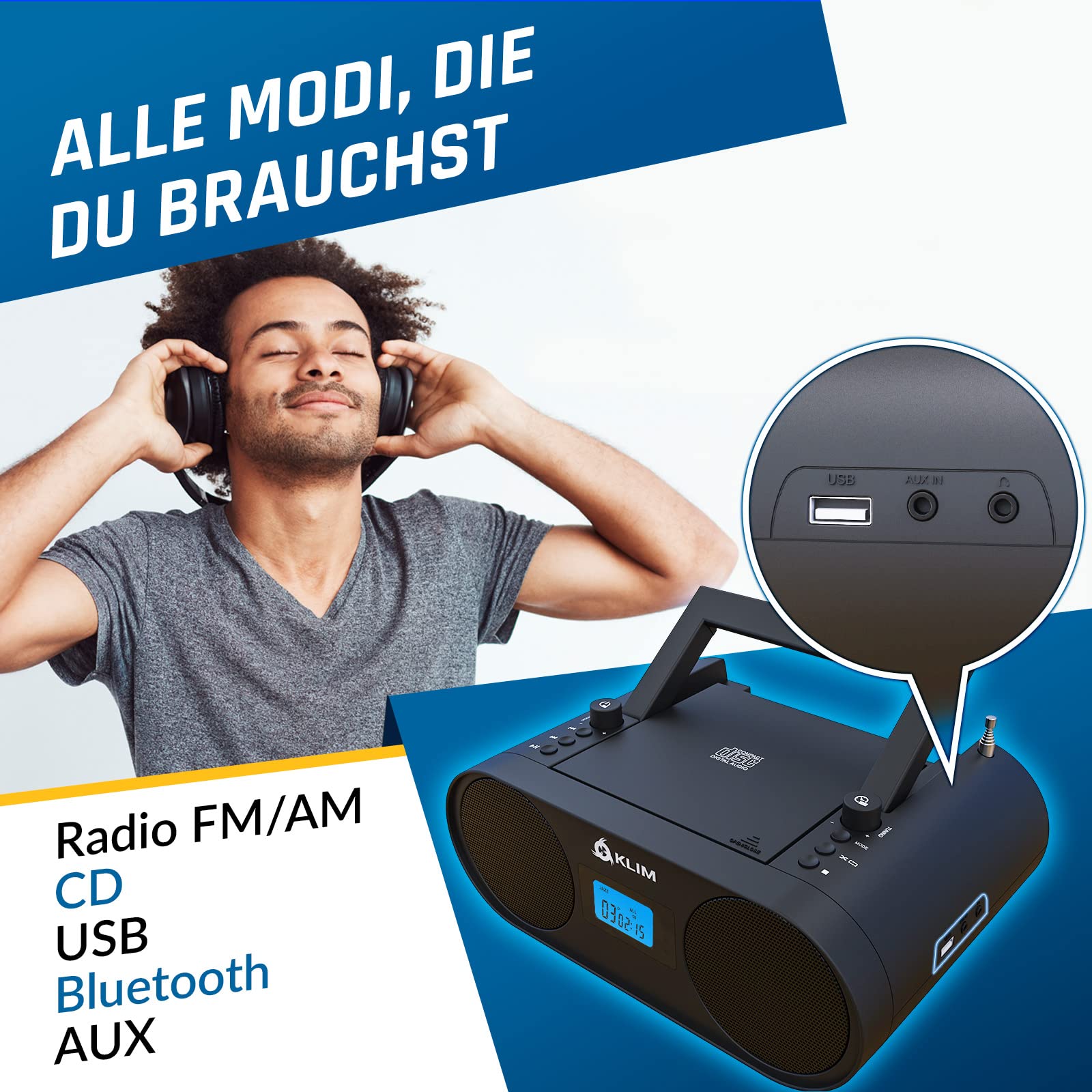 KLIM Boombox B4 Radio mit CD Player + AM/FM Radio, MP3, Bluetooth, AUX, USB tragbar mit kabellosem Modus und aufladbaren Akku + Mit Fernbedienung, Autosleep, Digital EQ