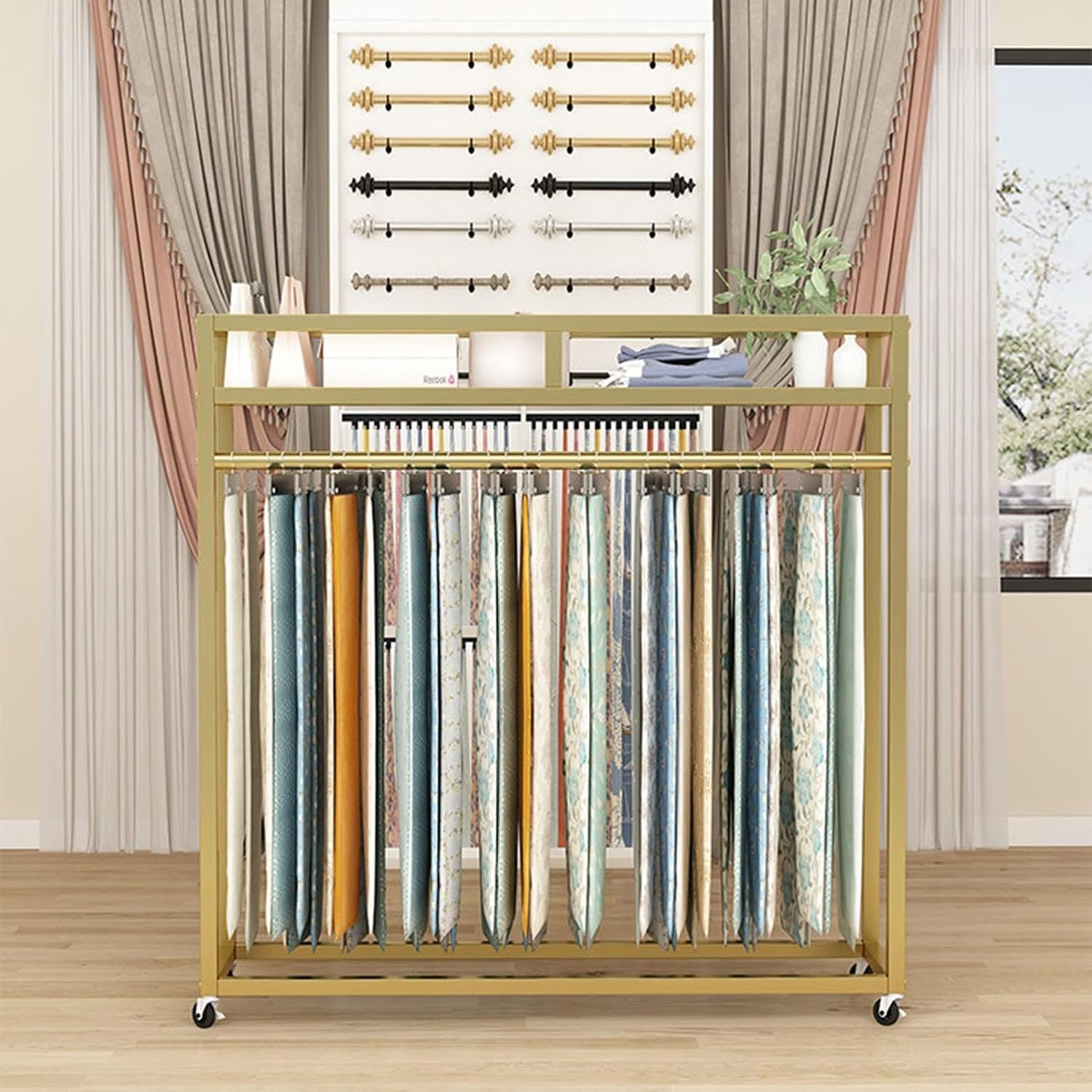 Premium Rolling Fabric Sample Display Rack with Top Storage Shelf, Sturdy Metal Textile Stand & 2 Hanging Rods for Fabric Shop Showroom - White, 100x40x160cm image 5