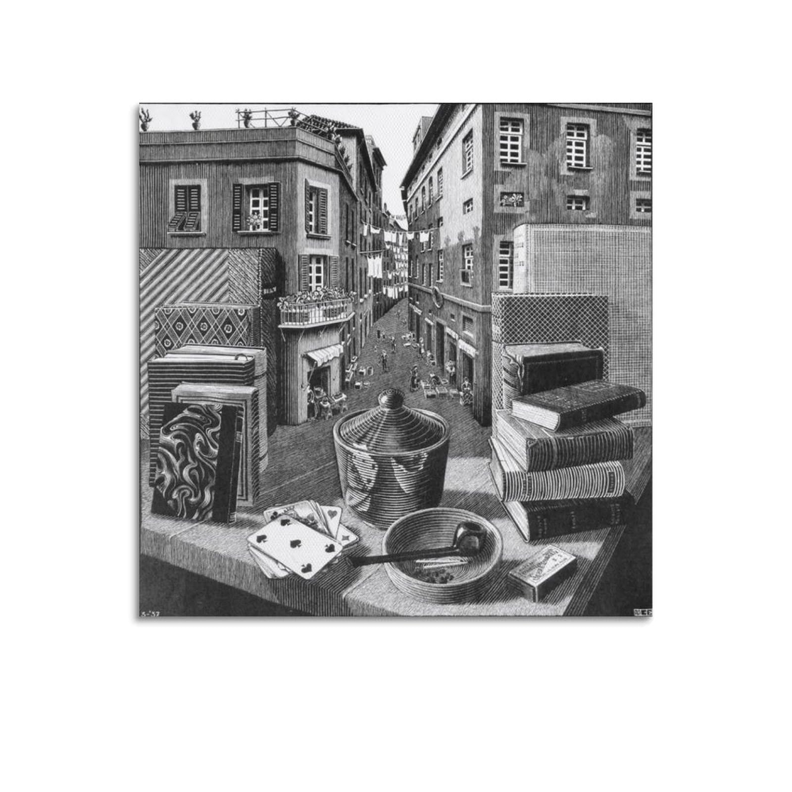 KANGZENG M. C. Escher Painter Works (Still Life And Street) Art Posters Wall Art Picture Canvas Prints Bedroom Living Room Decor 16x16inch(40x40cm)