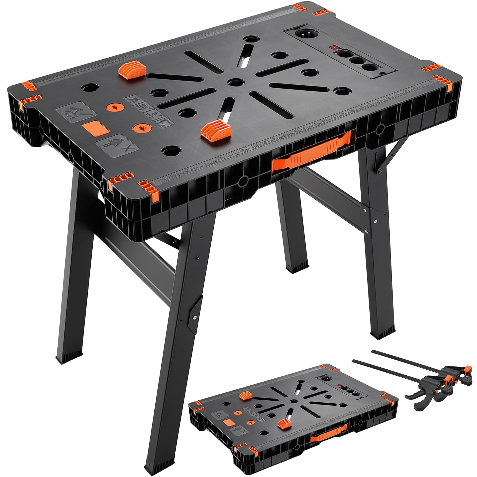TLGREEN Banco de Trabajo Plegable 2 Piezas, Mesa de Trabajo Portátil | Mesa de Trabajo Plegable con 4 Abrazaderas, Enchufe Integrado, Mesa de Serrar 680kg Combinado, para Taller y Bricolaje
