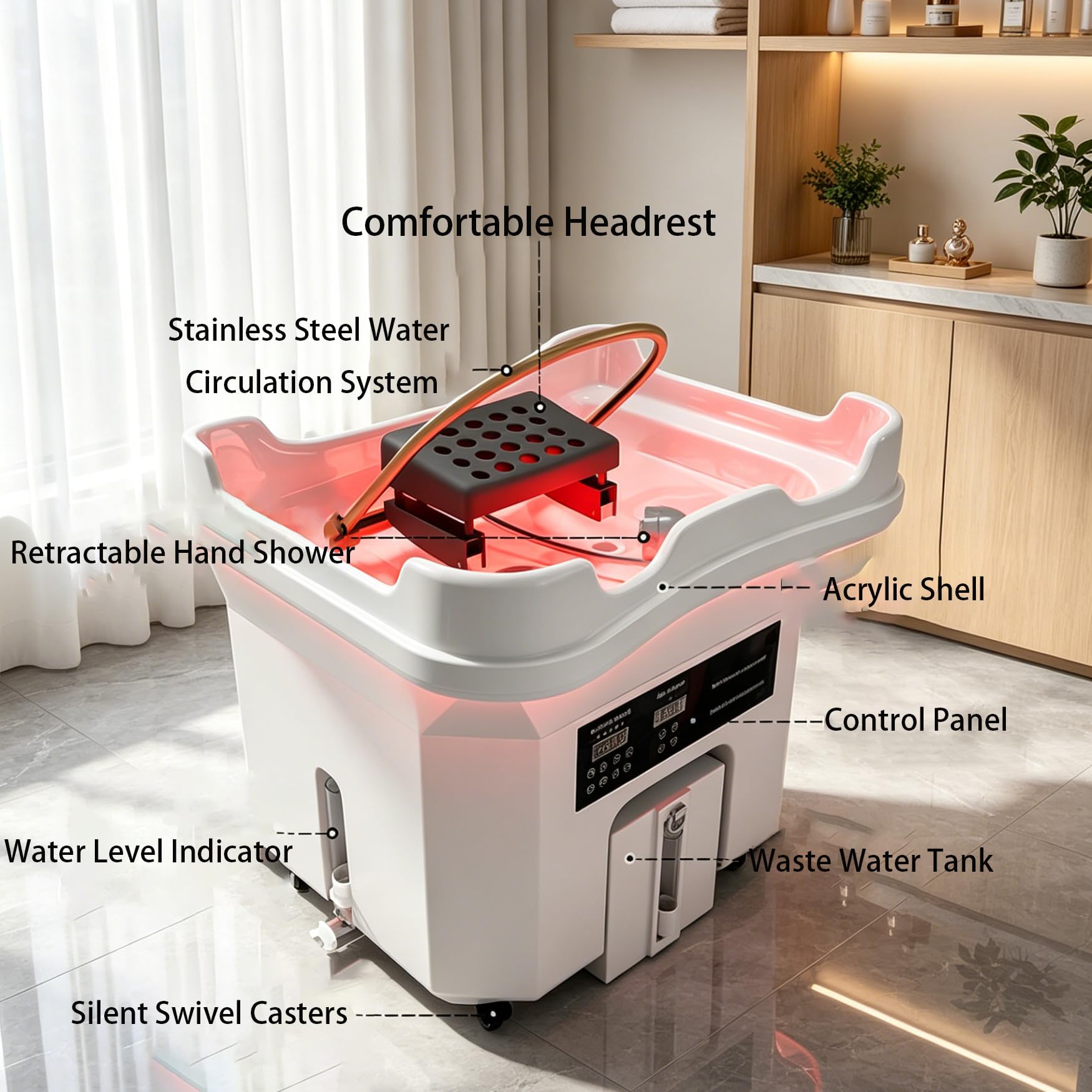 Generisch a-Ausrüstung mit Wasserfall-Spülung, Dampf & Vernebelung | Wasserzirkulations-Shampoobecken 60 L+Aufgerüsteter 20 L Abwassertank | Head Spa Waschbecken (White)