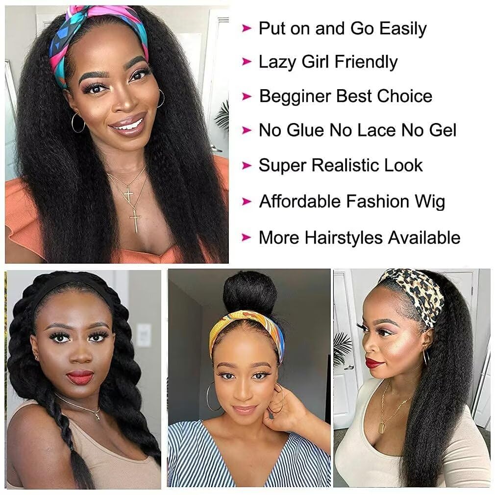 Headband Wig For Women Kinky Straight Headband Wigs Human Hair 26 Inch Yaki Straight Human Hair Wigs With Headband Brazilian Virgin Hair Wear And Go Glueless Wigs Human Hair Long Half Wig - Image 3