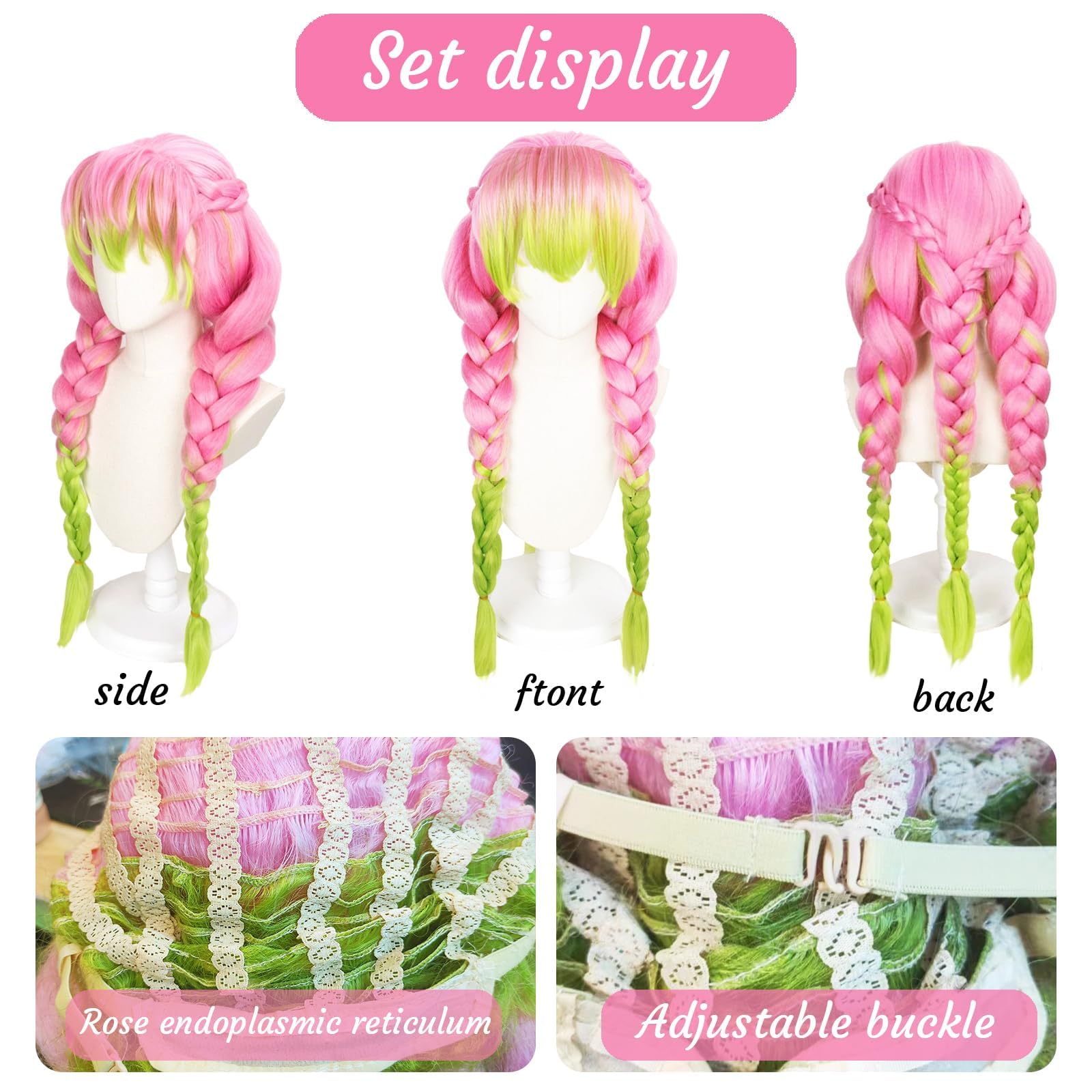 Anime Kanroji Mitsuri Cosplay Perücke für Damen, Mitsuri Cosplay Wig, Rosa Grün Perücke Charakter Verkleiden Lange geflochtene Perückes Passend, für Mädchen Halloween Karneval Kostüm Party