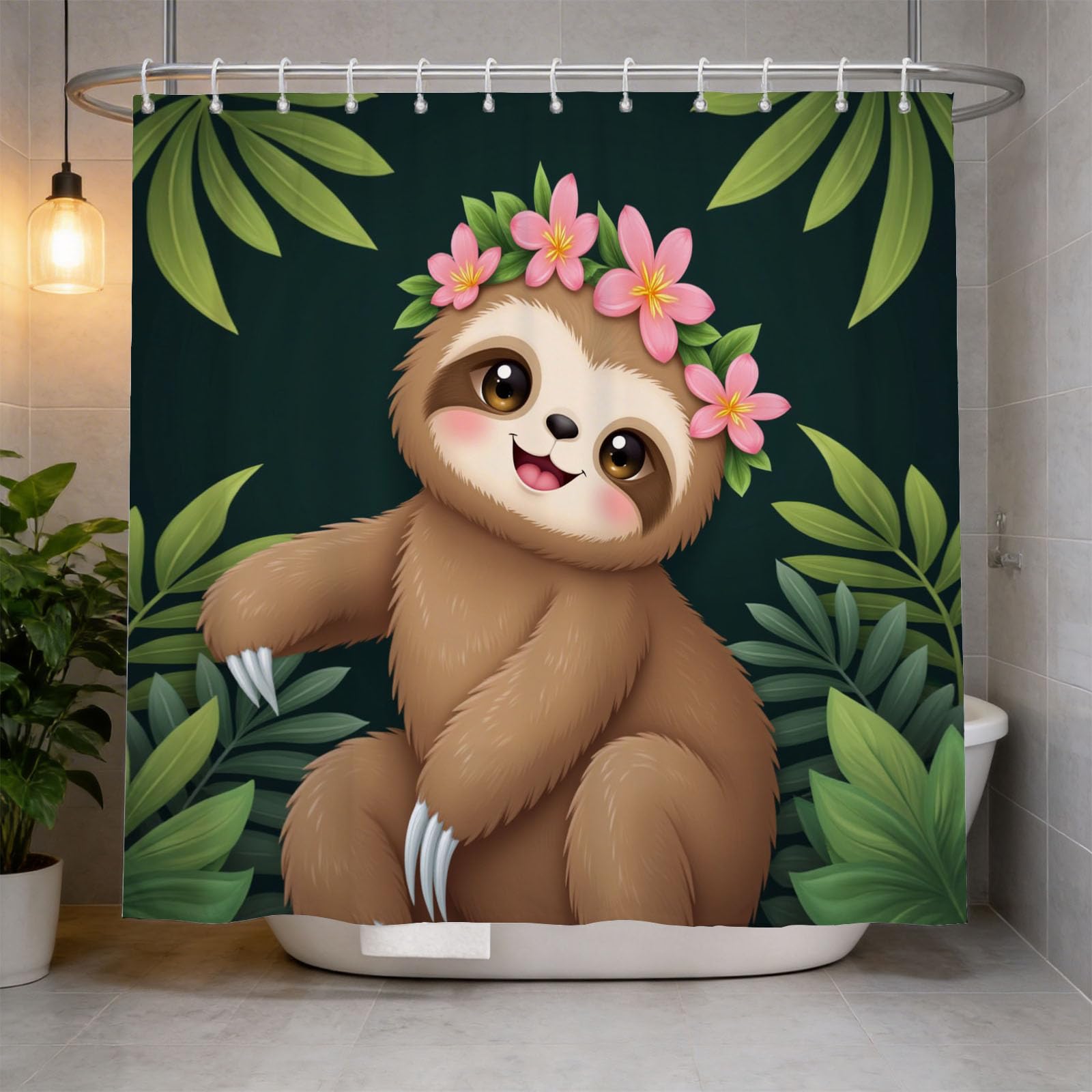 Hongduo 3D Sloth Cartoon Shower Curtain for Stalls Bathtubs Cartoon Bathroom Decor Shower Curtain Set Polyester Fabric Waterproof 200x200cm/79X79 Inch with Hooks