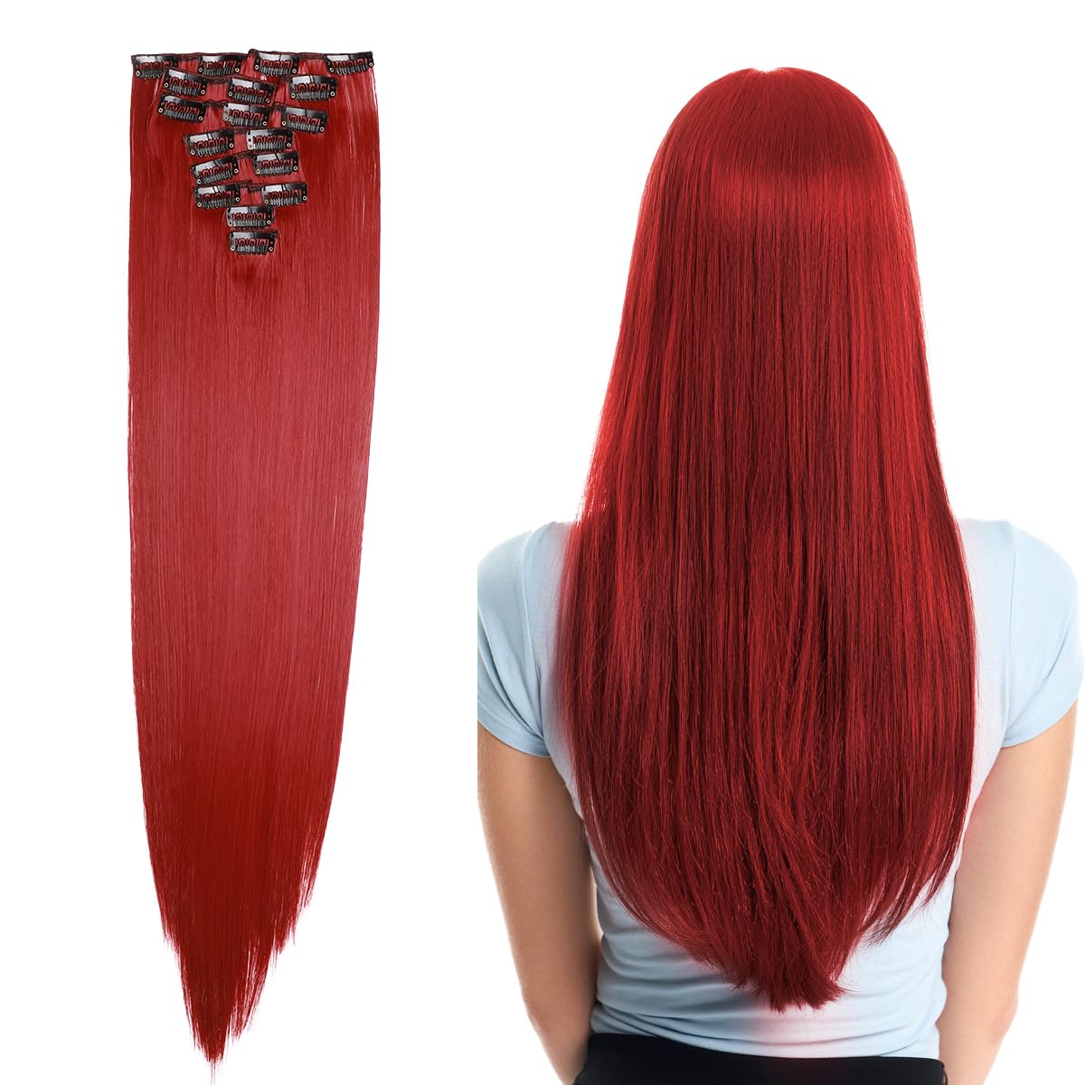 SEGO Pro Clip in Hair Extensions 8 Pcs 18 Clips Full Head Synthetic Fiber Hair Pieces for Women Straight 23 Inch (Dark Red)