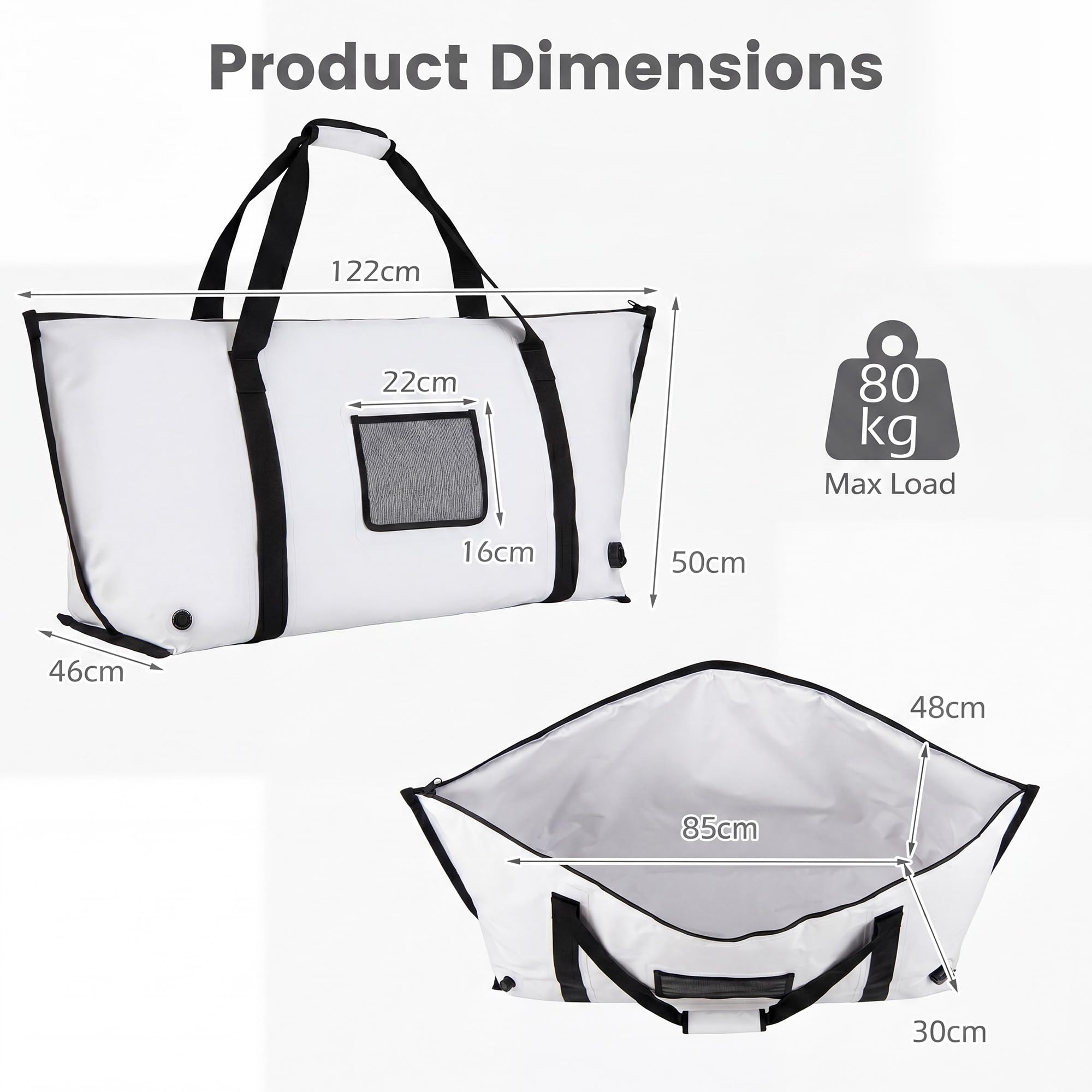 LIFEZEAL Isolierte Fisch-Kühltasche, Tragbare Fischtötungstasche, Angeltasche mit Ablaufstopfen, hält EIS kalt über 24 Stunden, Tragetasche für Fischen, Camping & Picknick (Weiß, 122 x 46 x 51 cm)