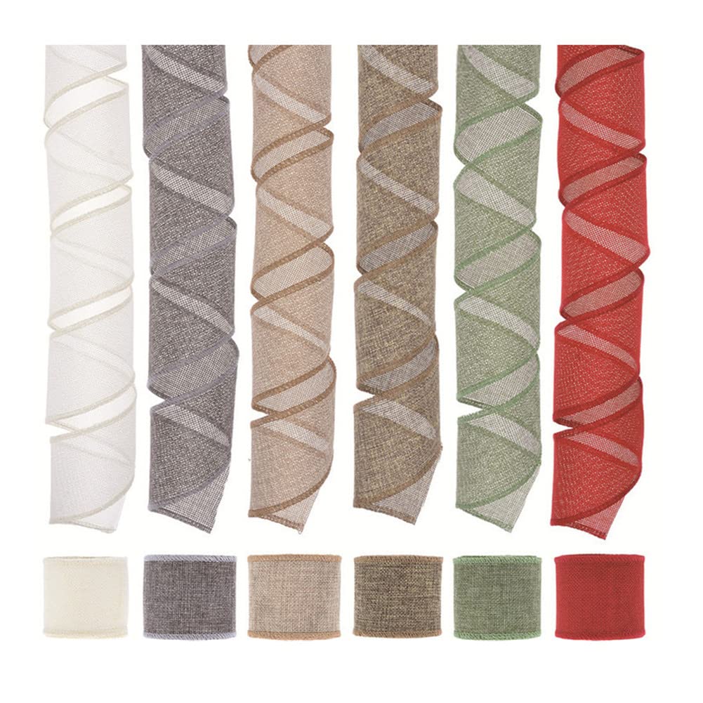 Geschenkband, Geschenkband für Weihnachten, 6 Rollen Sackleinen-Drahtband, solides Drahtkantenband, Sackleinen-Geschenkband, Juteband, DIY handgefertigte Verzierungen for dekorative Kränze, Geschenkve