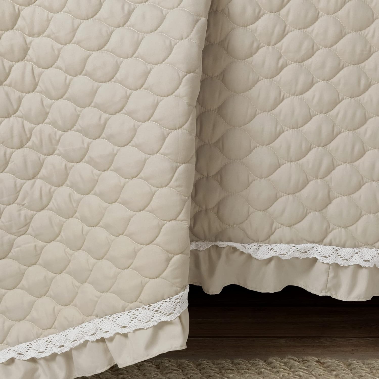 Lush Decor Ella Ruffle Lace Quilt, 3 Piece Set, Full/Queen, Neutral - Cute Quilt - Queen Bedding Set - Beige Bedding Full Size - Coquette Decor - Neutral Ruffle Trim - Beige Lace Trim - Image 5