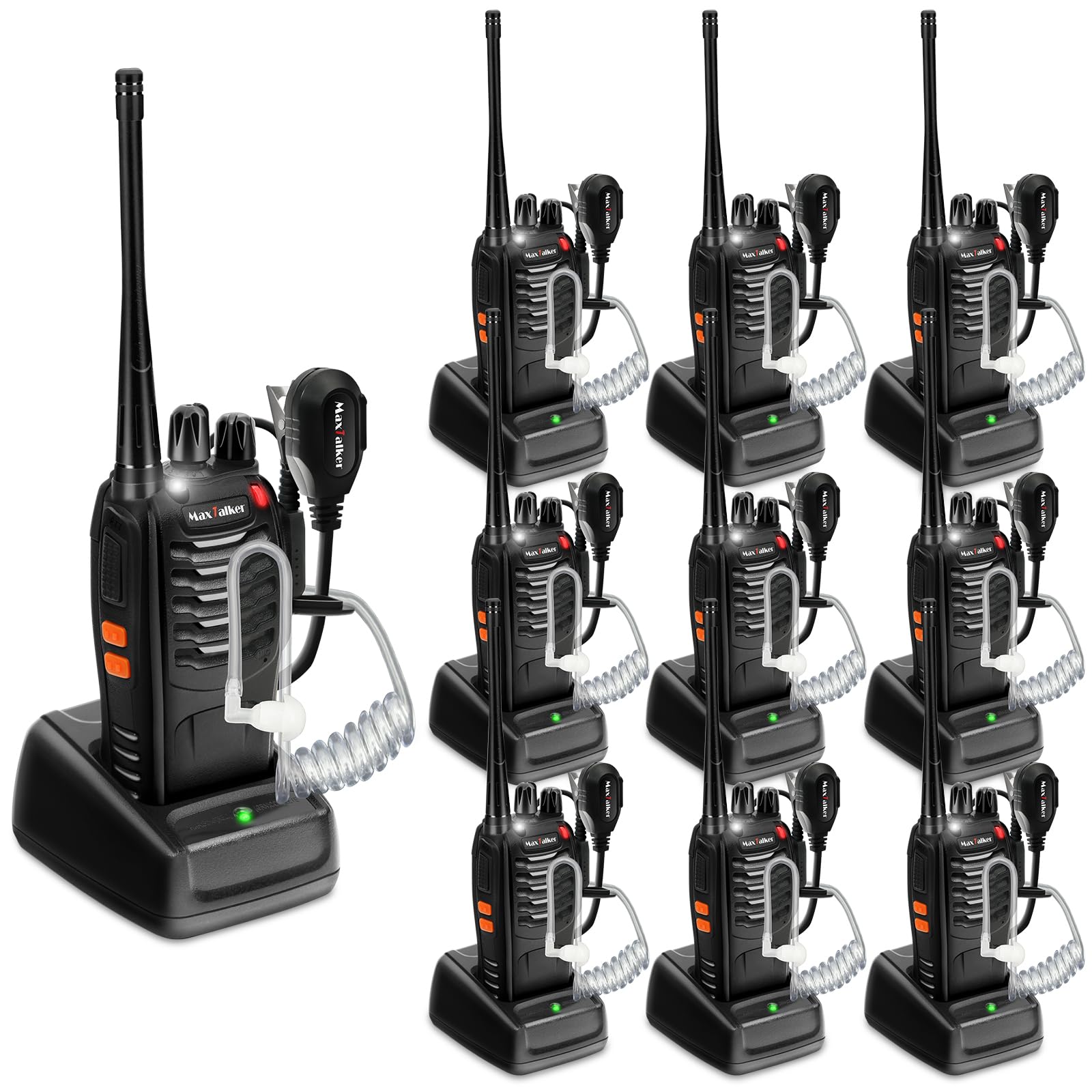Radios Walkie Talkies Long Range: MaxTalker MT-8S Walkie Talkie with Earpiece, 1500mAh Battery, Rechargeable Walkie Talkies for Adults Business Education, Construction School Church Restaurant,10 Pack