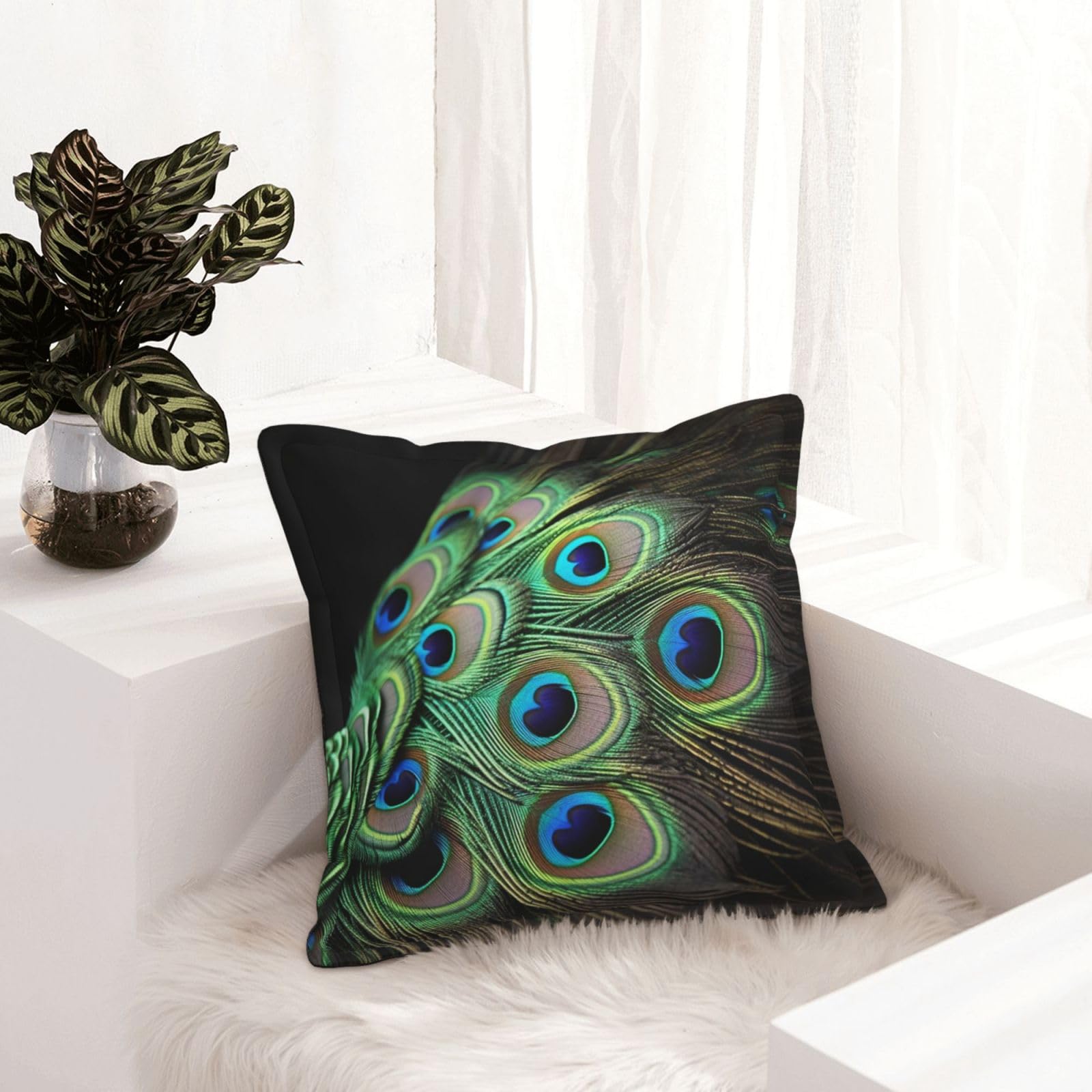 Housse de coussin en similicuir et plumes de paon moderne chic 50x50 cm
