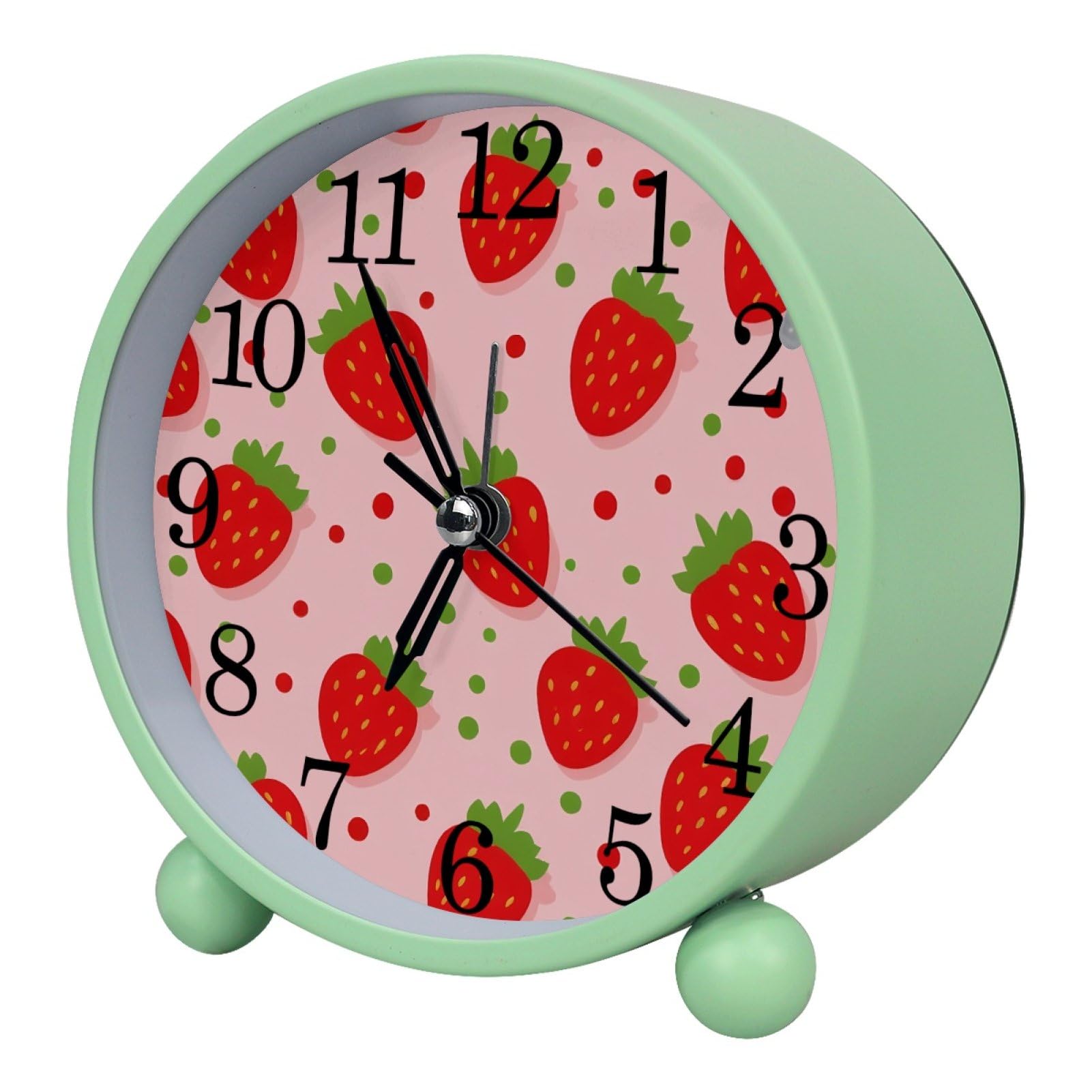etoenbrc Strawberry Round Battery Operated Bedside Alarm Clock Non-Ticking Desktop Silent Analog Alarm Clock with Light