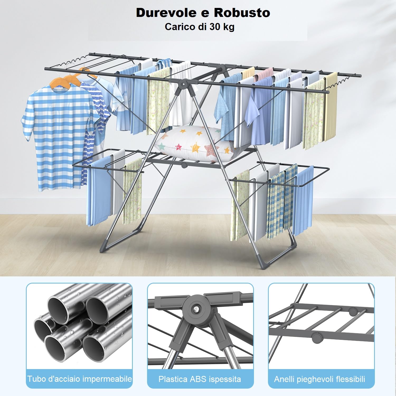 Innotic Stendibiancheria Pieghevole Portatile Stendino Verticale Salvaspazio, Acciai Inossidabili, con Accessori, per Balcone Esterno,