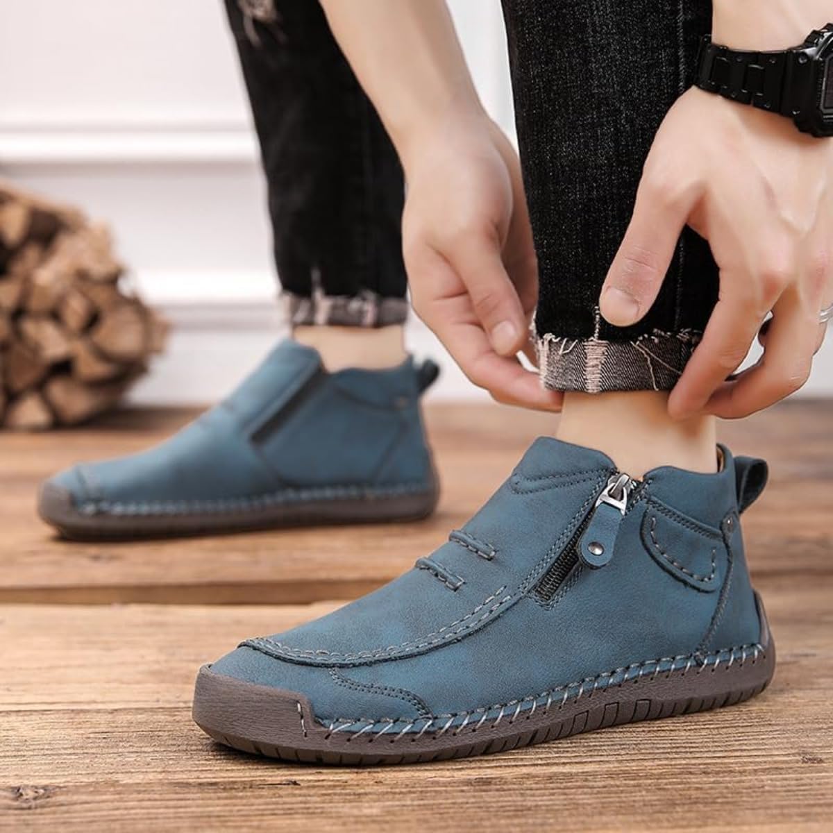Men’s Slip-On Orthopedic Leather Boots,Men’s Handmade Premium Leather Slip-On Driving Boots,Men Side Zipper Orthopedic Shoes for Driving Hiking