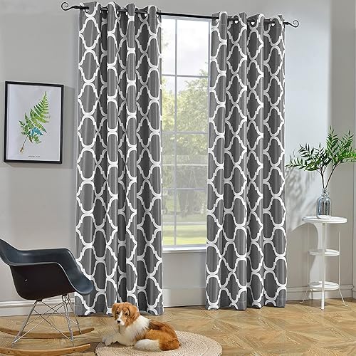 Melodieux - Cortina opaca con aislamiento térmico y ojales, de estilo marroquí, para sala de estar o dormitorio, 52 x 96 pulgadas, color gris (1