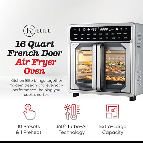 Miniatura 3 de Kitchen Elite Horno freidora de aire de puerta francesa de 16 cuartos de galón, cocina de convección de encimera de tamaño familiar con pantalla
