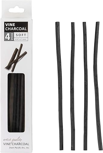 Pacific Arc Artist Vine Charcoal - 4 palitos de carbón suave, negro para dibujar, dibujar y dibujar