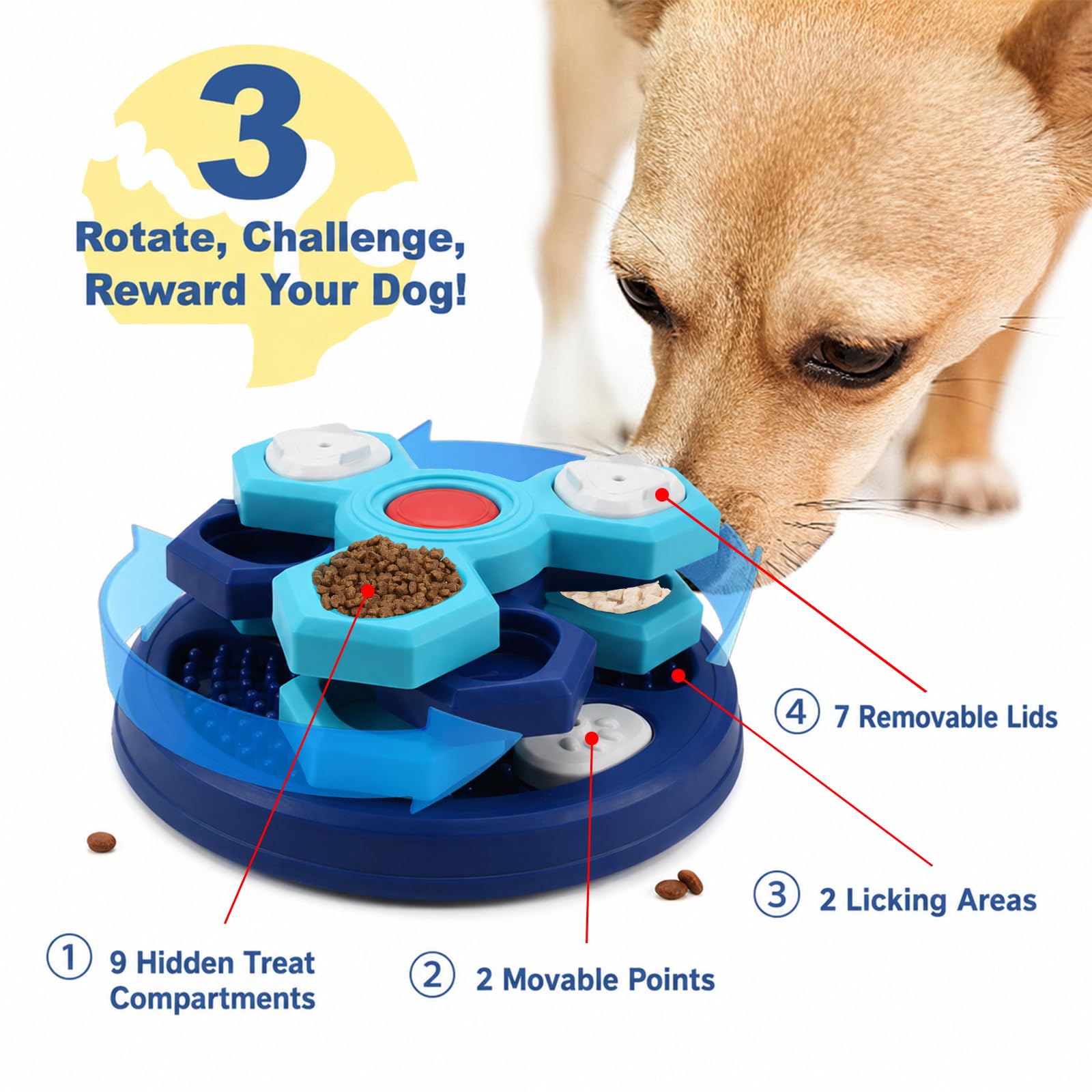 Ciotola per cani a rompicapo Slow Feeder, mangiatoia interattiva rotante a 4 strati con 7 coperchi rimovibili, spatola in silicone e base antiscivolo, blu