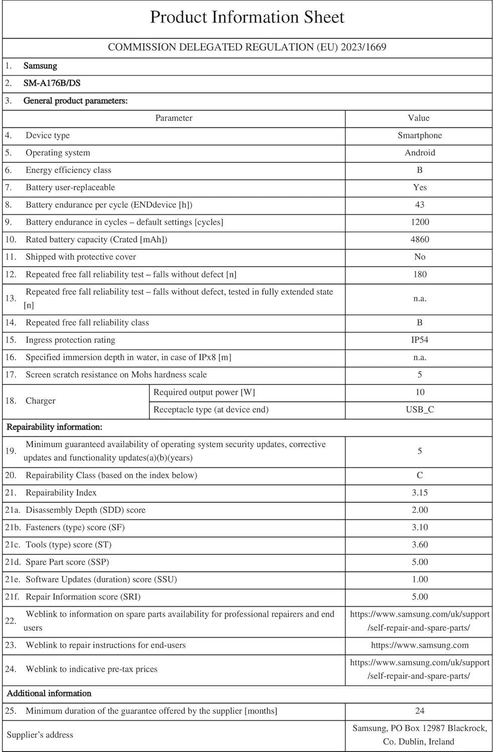 Product Information Sheet for the Samsung SM-A176B/DS, detailing specifications like operating system, battery, ingress protection, and repairability information.