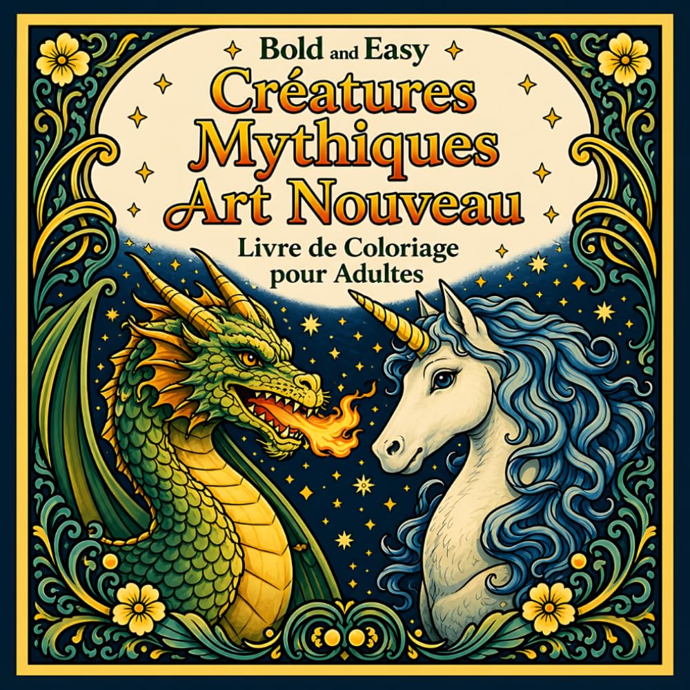 Bold and Easy Créatures Mythiques Art Nouveau: Livre de Coloriage pour Adultes avec Dragons, Phénix et Motifs Fantaisie