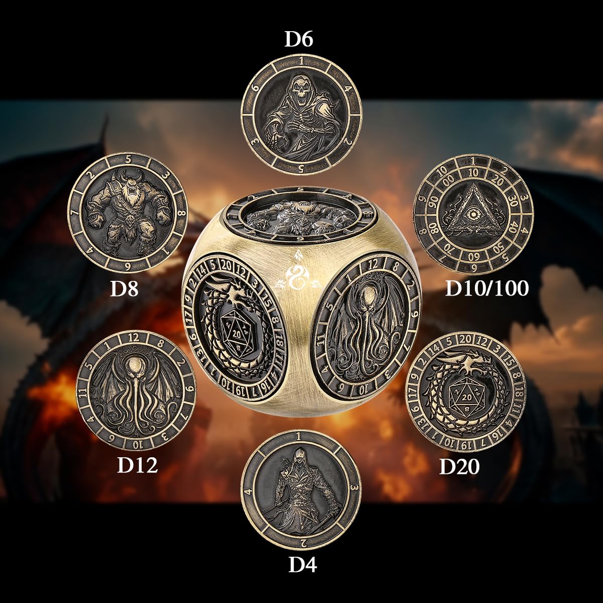 DND Fingertip Spinner Dice, Polyhedral Rotating Game Dice, 7-in-1 Metal Dice Set including 3D Pattern - Image 4