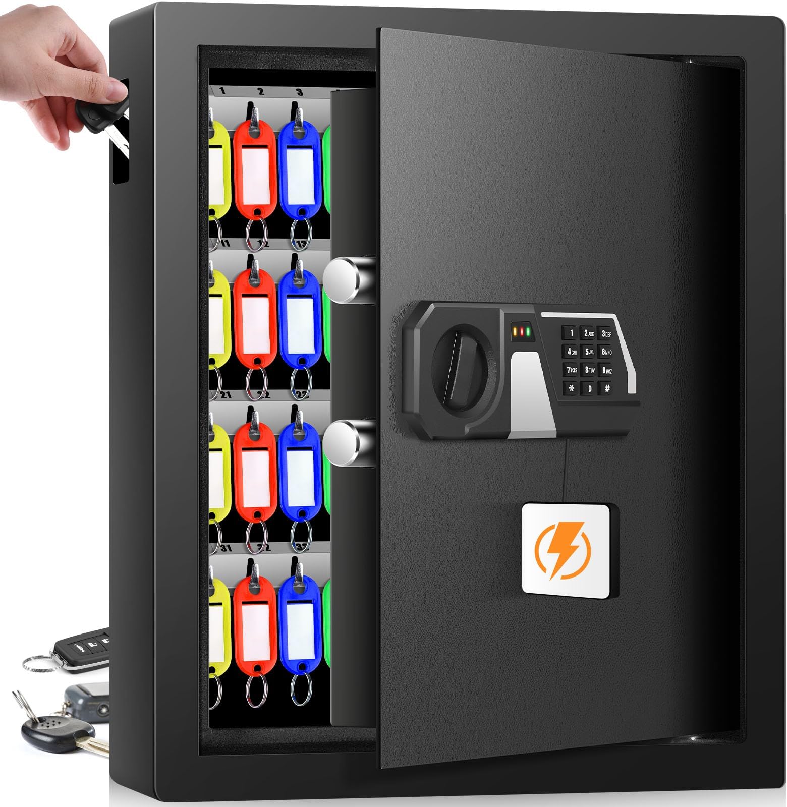 Nebakne 71 Keys Fireproof Key Lock Box, Anti-Theft Key Box Wall Mount with Adjustable Hook Plates, Key Tags and Side Opening, Key Safe Key Cabinet Key Organizer for Home Office Garage Rental Business