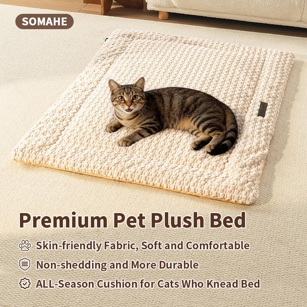 Plush Cat Kneading Bed Mat, Premium Plush Fabric Bed with Non-Slip Bottom, 3cm Thick All-Season Cushion for Cats Who Knead, Machine Washable Anti-Static Pet Bed, 23x15 Inch, Milk