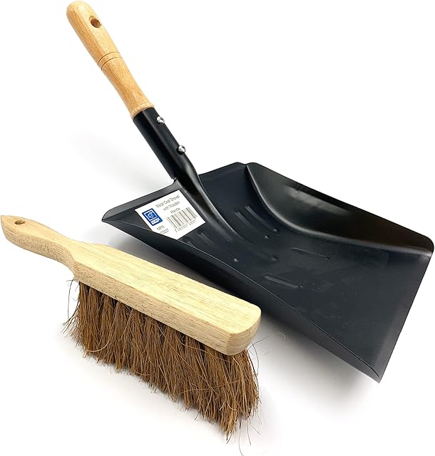 Strong Metal Coal Shovel and Brush Set | 9-Inch-Wide Metal Shovel Dust Ash Pan with Soft Hand Brush Fireside Set | Large Garden Dustpan or Coal Scoop to Easily Collect Coal, Ashes, Dust, Garden Wastes