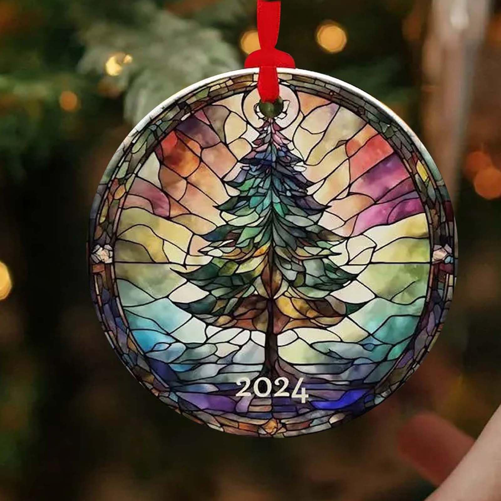 Christmas Acrylic Round Pendant Ornament, Stained Glass Style for Tree Decor
