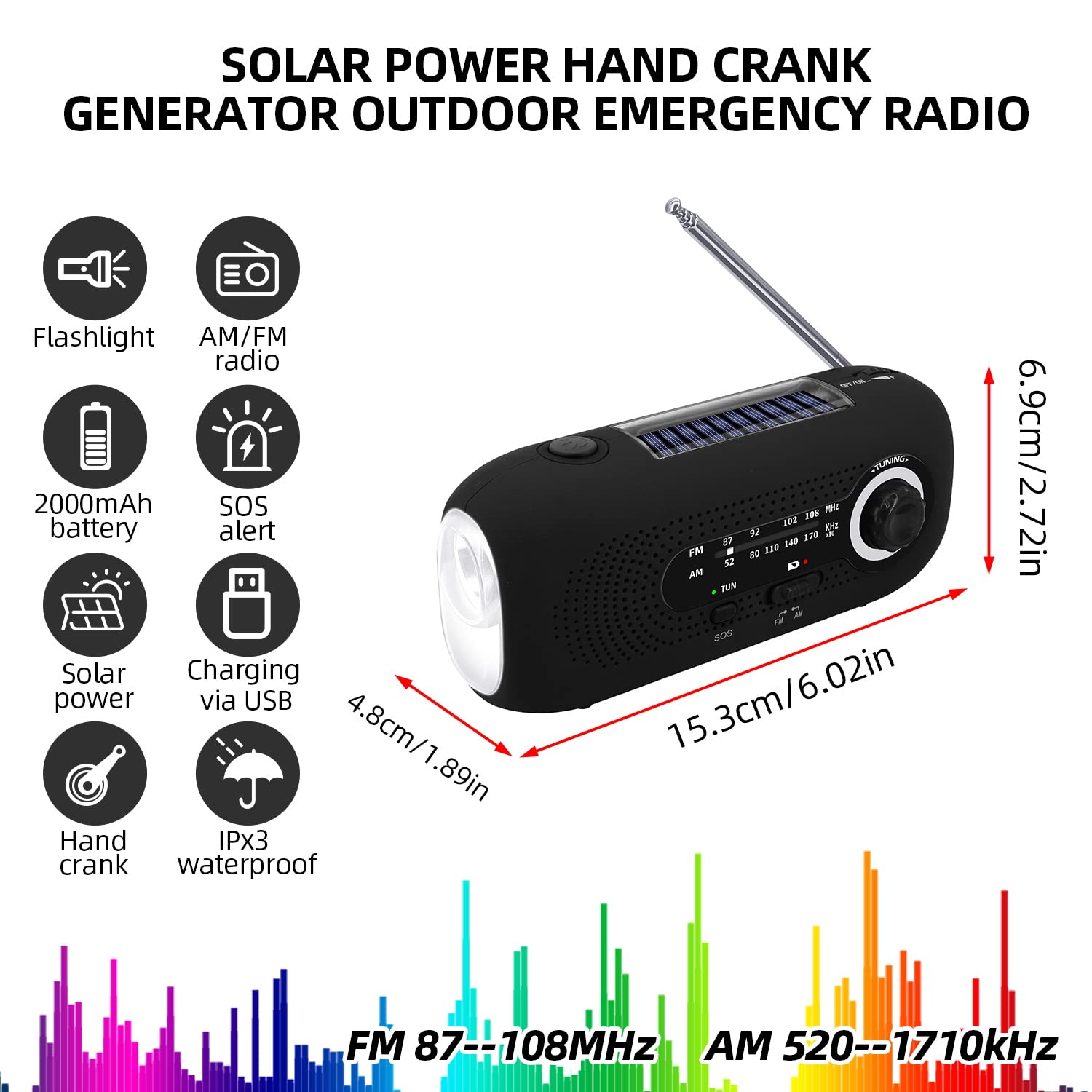 Journy Solar Radio, radio korbowe, radio awaryjne korby, radio dynamo z AM/FM, wbudowana bateria 2000 mAh, 4 tryby latarki LED, alarm SOS dla sytuacji awaryjnych na zewnątrz
