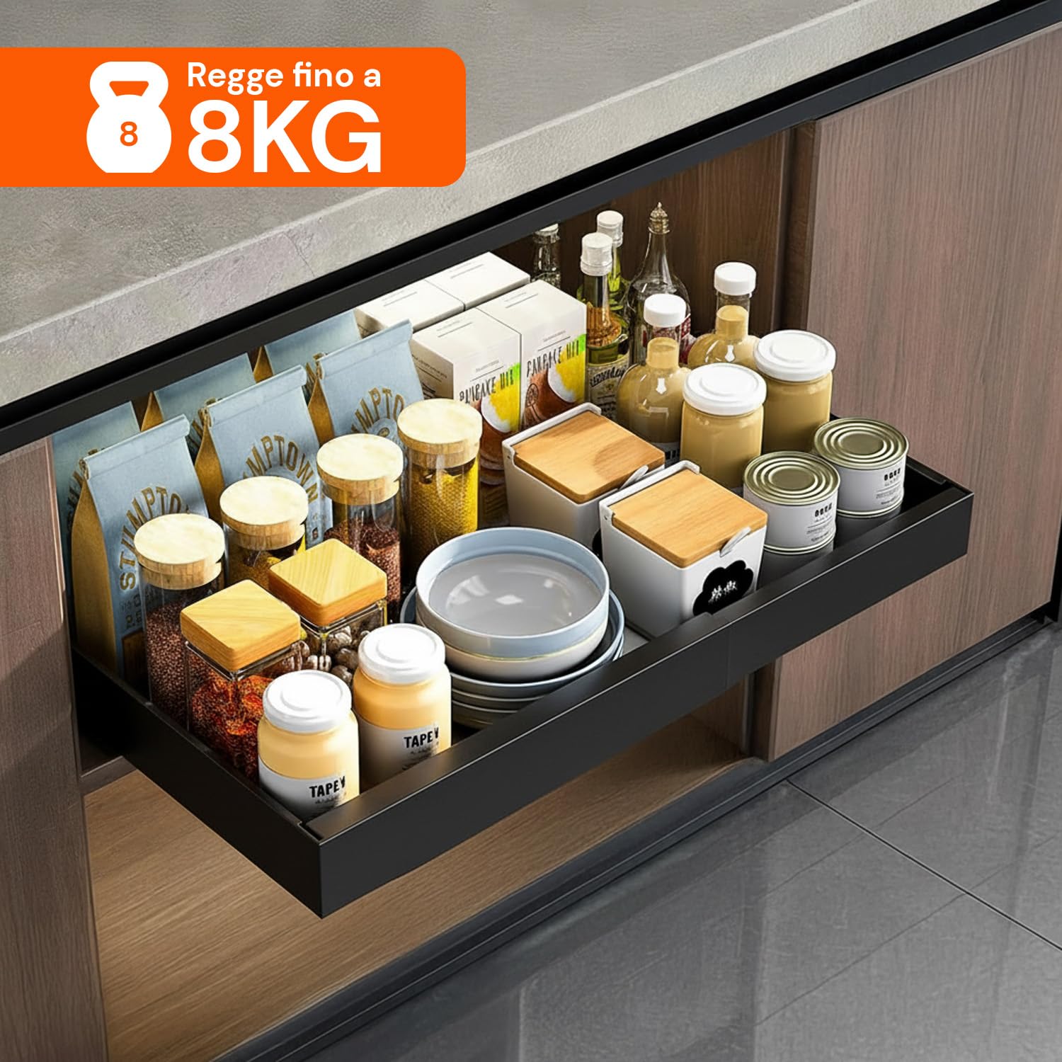 Avilia - Cassetto Universale Estraibile e Espandibile in Acciaio con Binario – Organizer per Mobili, Cucine e Dispense – Montaggio Adesivo - Ripiano Salvaspazio (Nero, 30-50x43,5x7 cm)