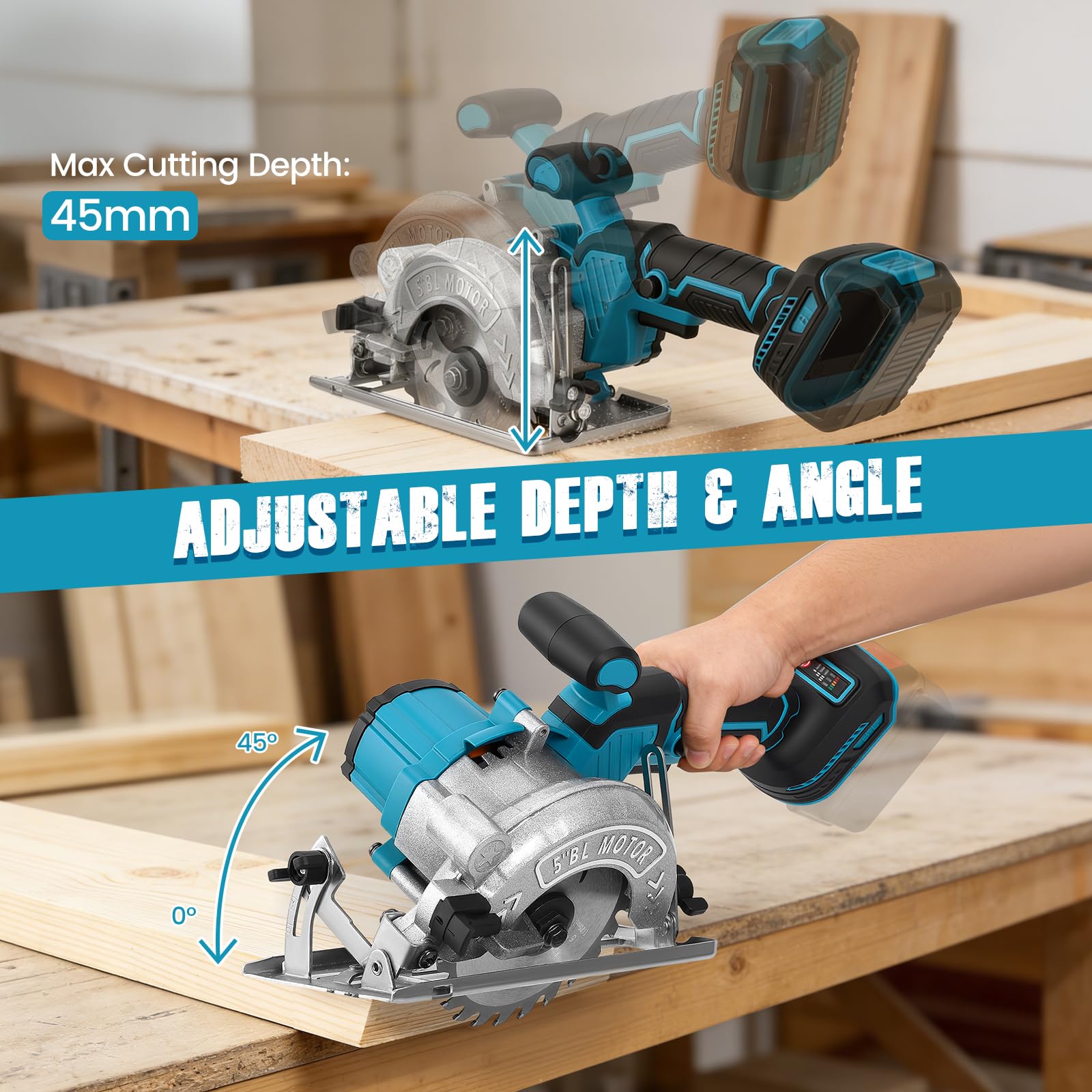 Sierra circular inalámbrica para Makita 18 V, batería de litio, sin escobillas, mini sierra circular 125mm de mano con 3 hojas, Corte 48mm, Inalámbrica para Madera y Bricolaje