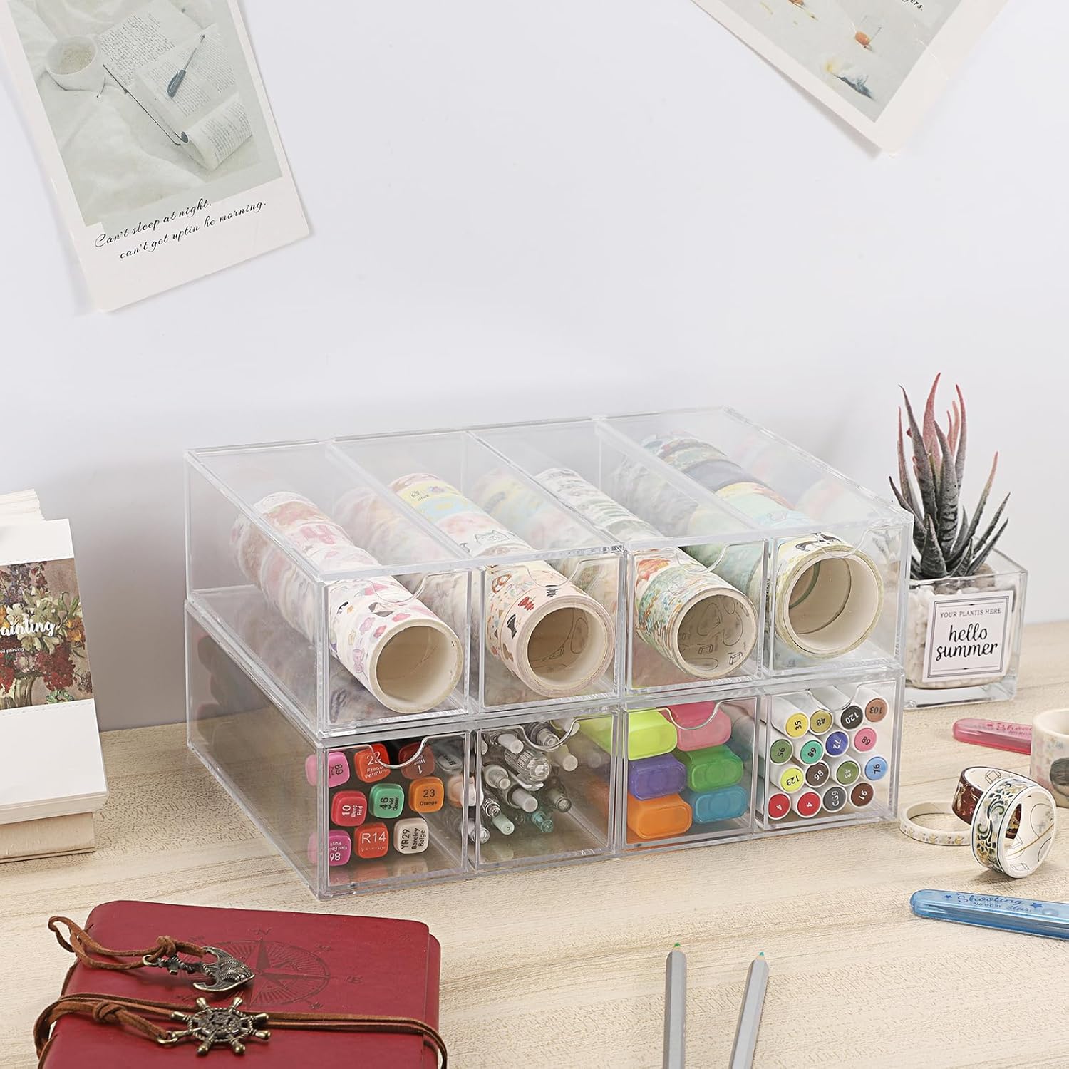 Acrylic Washi Tape Organizer, Clear Washi Tape Storage Holder with 4 Sliding Drawers, Desk Accessories Display Caddy Craft Box, Washi Tape Dispenser for Scrapbooking Art Craft Supplies, 2 Pack
