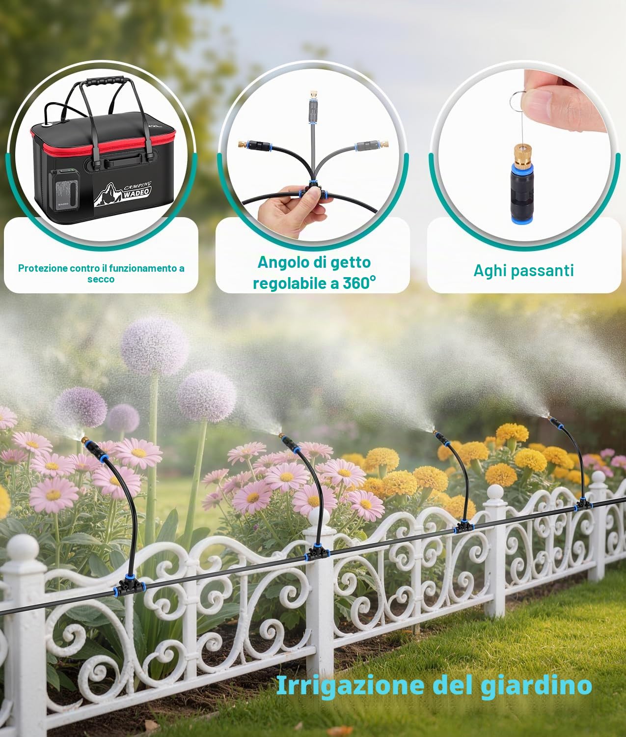 WADEO Sistema di Raffrescamento a Nebulizzazione Portatile, Sistema Nebulizzatore da Esterno con Pompa Ricaricabile 6000mAh, Tubo da 8M e 8 Ugelli in Ottone, per Campeggio, Giardino, Patio e Sport