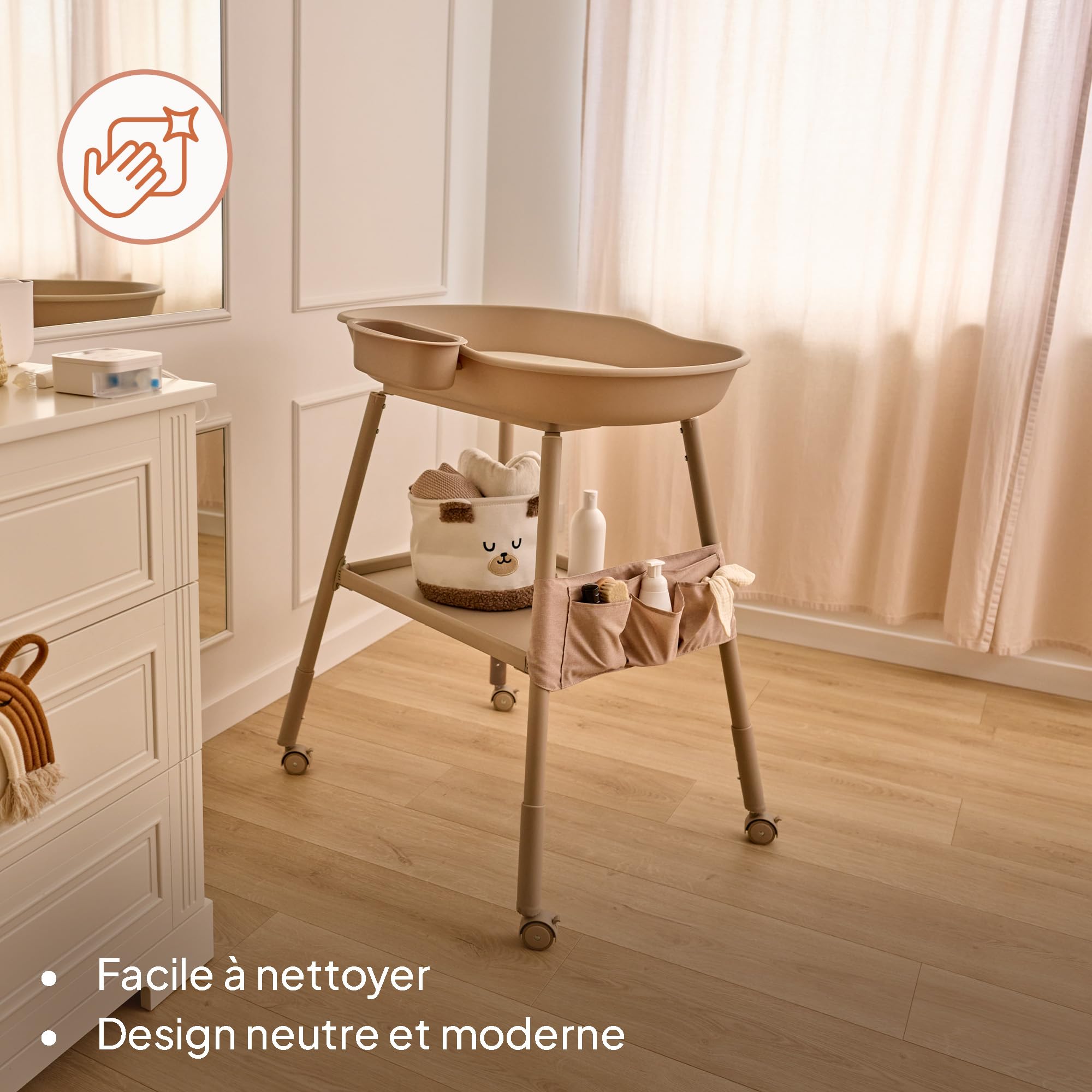 LIONELO Rosie table à langer bébé, mobile sur roulettes, matelas à langer imperméable, hauteur réglable, rangements pour accessoires, bol d’eau, étagère à couches