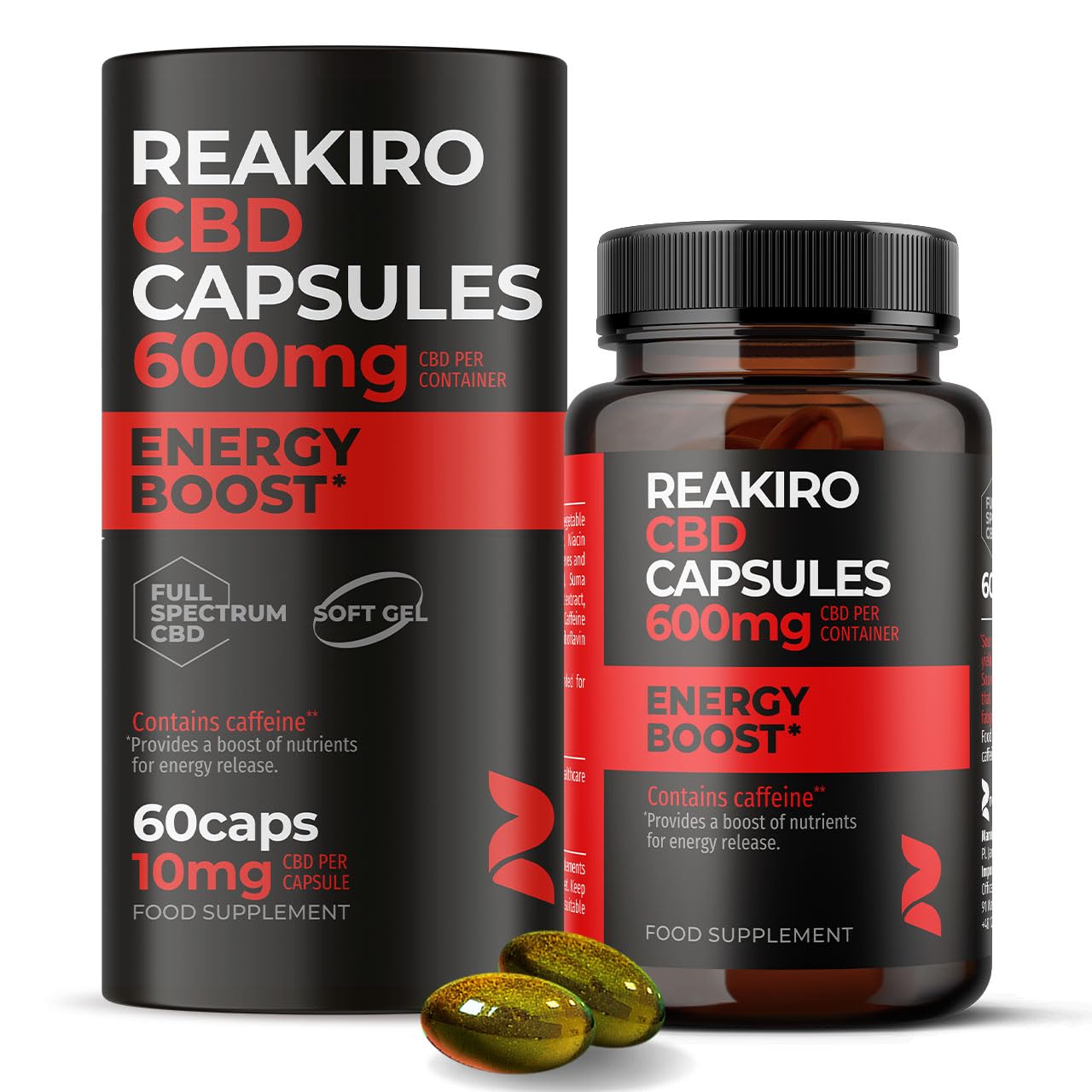 Reakiro Energy Boost CBD Soft Gels 600mg, 60 Capsules | 10mg CBD Oil per Serving I Multi-Vitamin Supplement with Cannameseed Oil | Contains Caffeine