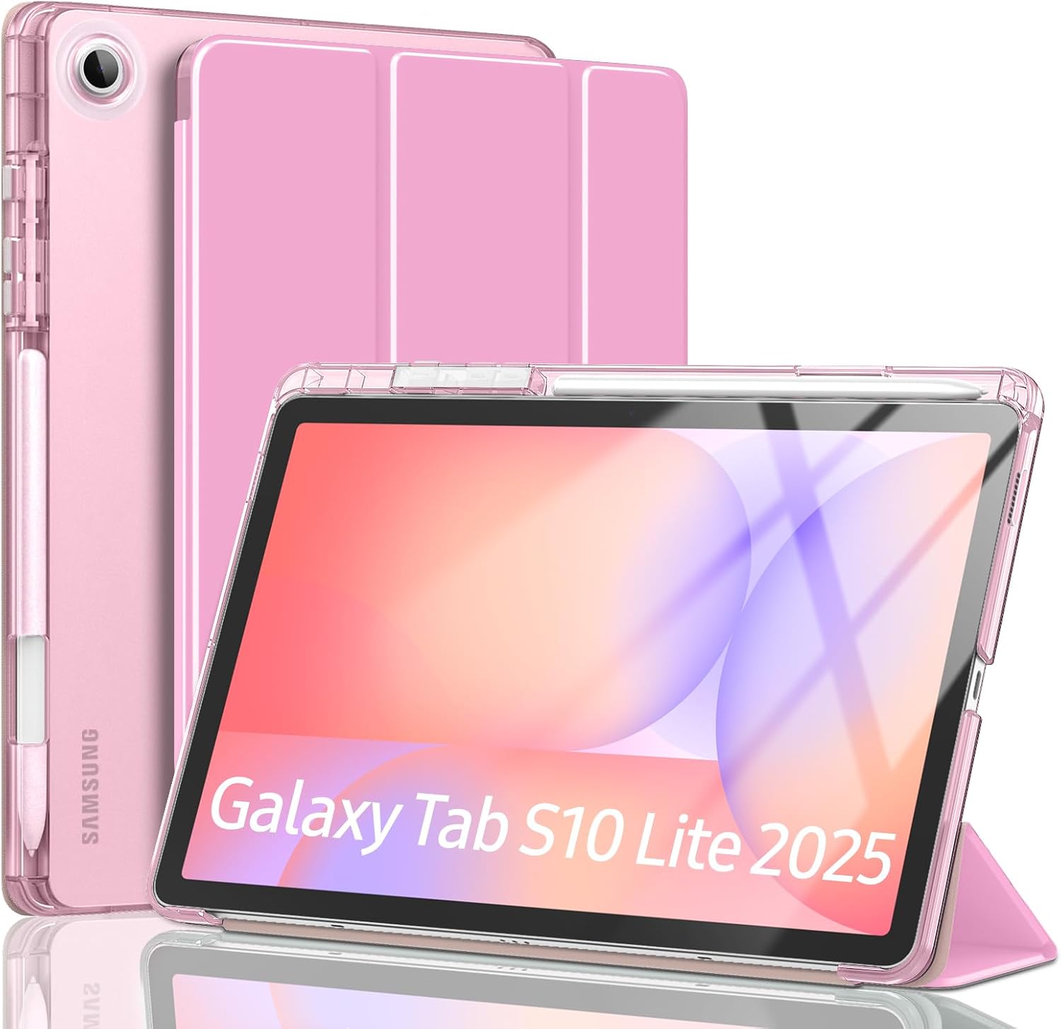 MoKo Case for Samsung Galaxy Tab S10 Lite 10.9 Inch 2025 [SM-X400/SM-X406B] with S Pen Holder, Slim Light Trifold Protective Cover with Hard PC Translucent Back Shell, Auto Wake/Sleep, Flowers Pink