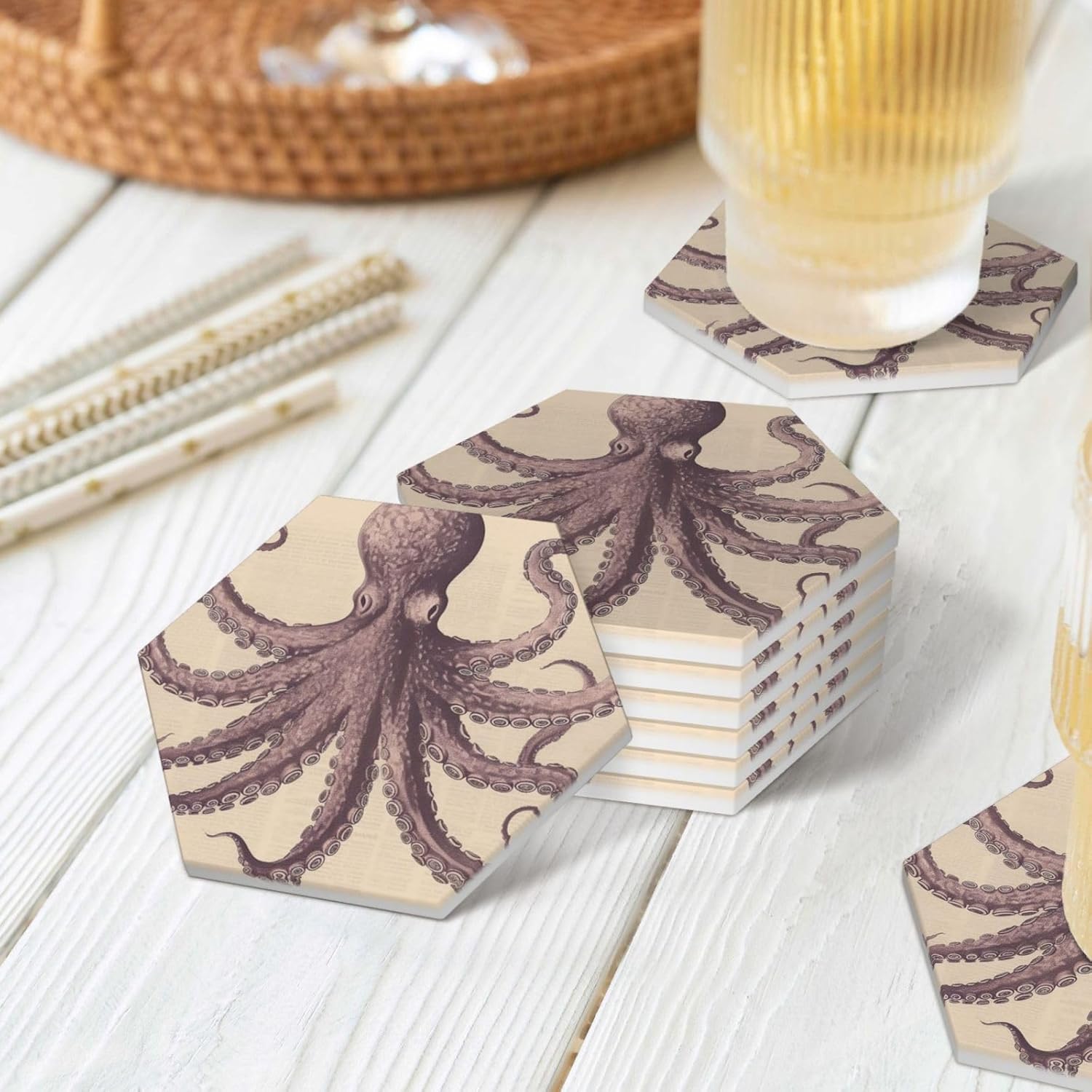 ドリンクコースター6枚セット セラミックコースター ホルダー付き ヴィンテージ タコ ラウンドコースター ドリンク用 卓上保護 カッ